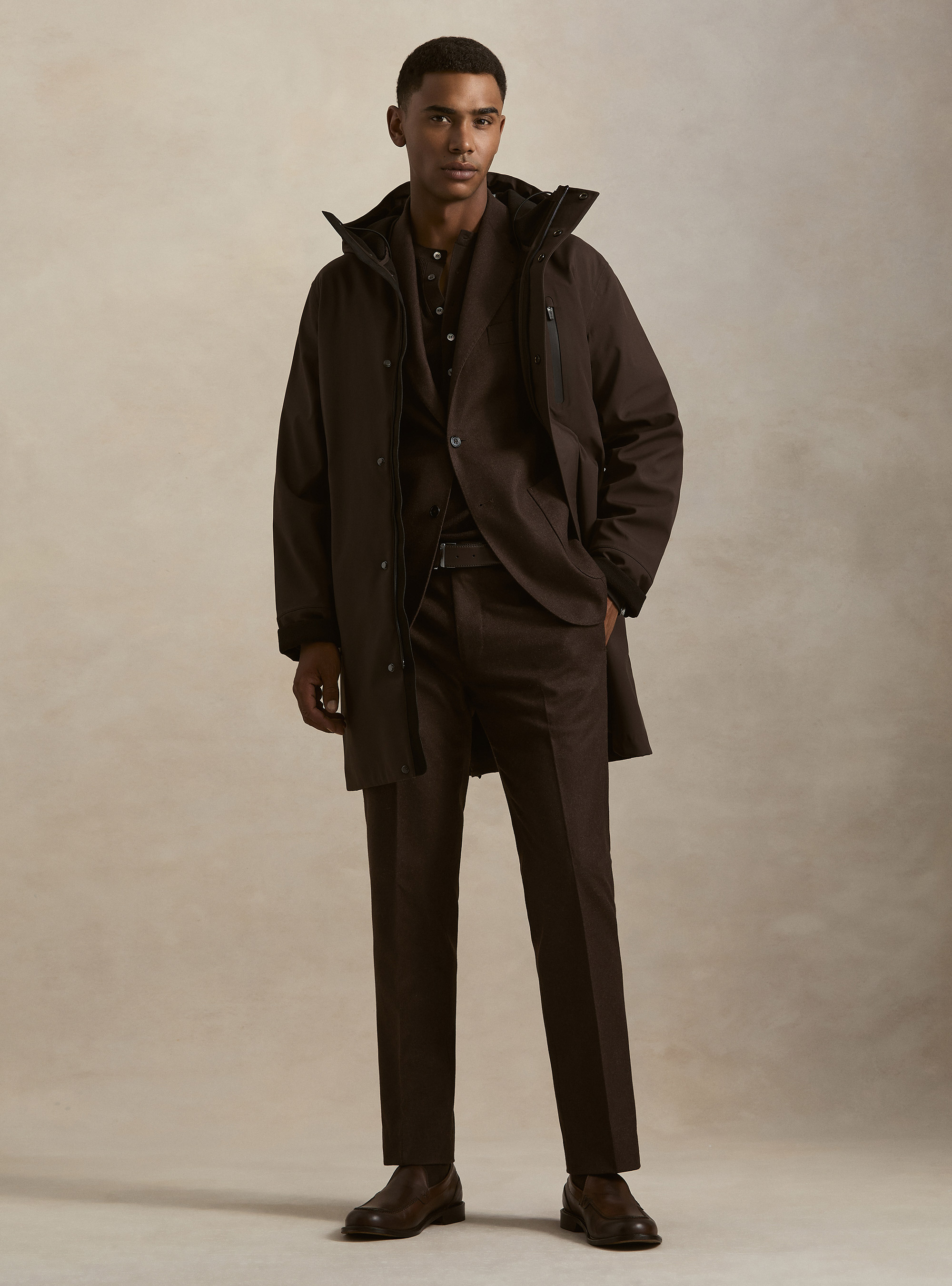 Long technical jacket with a hood, MARRONE 0508C