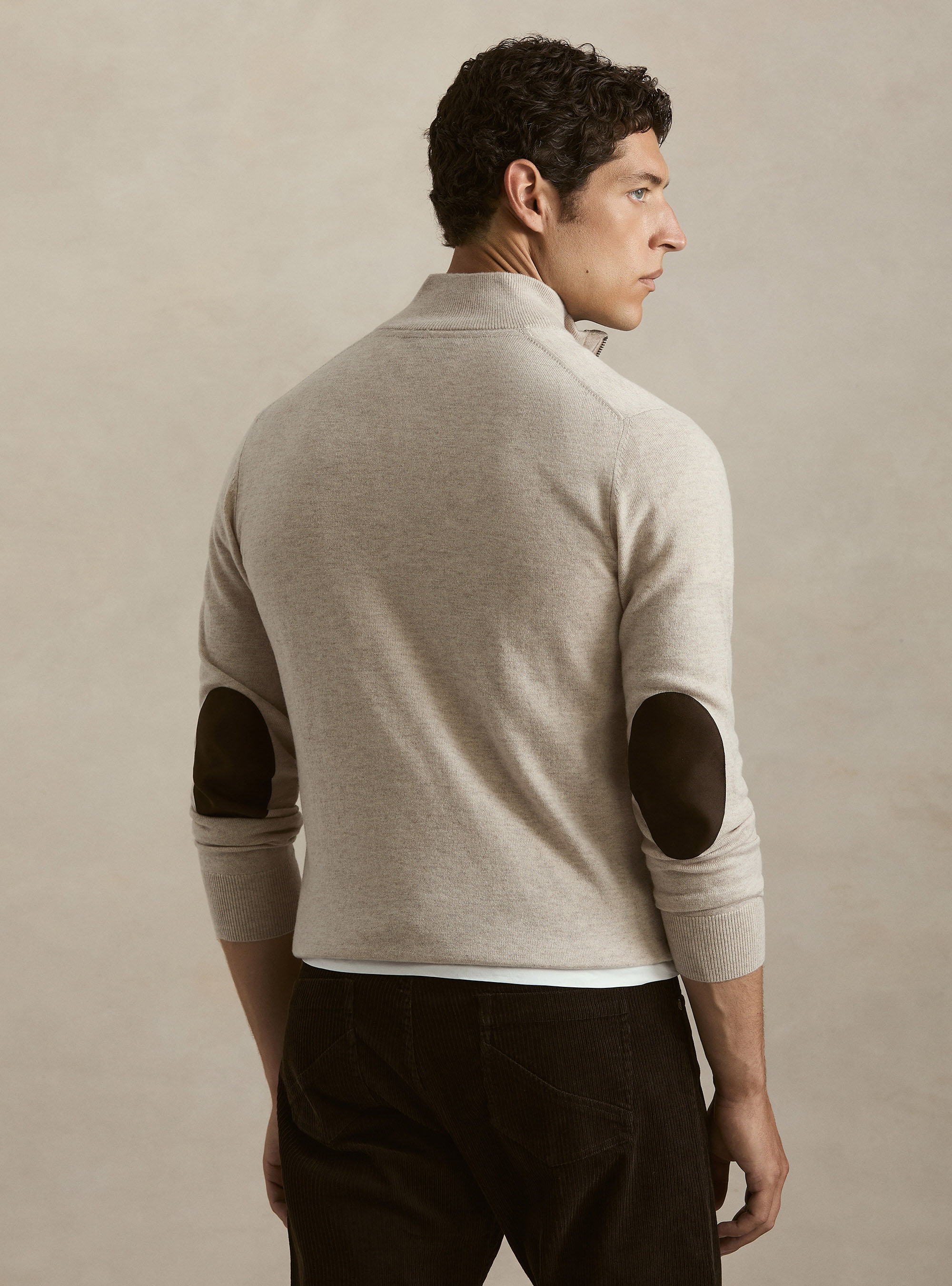 Maglia mezza zip con toppe in misto lana, ECRU