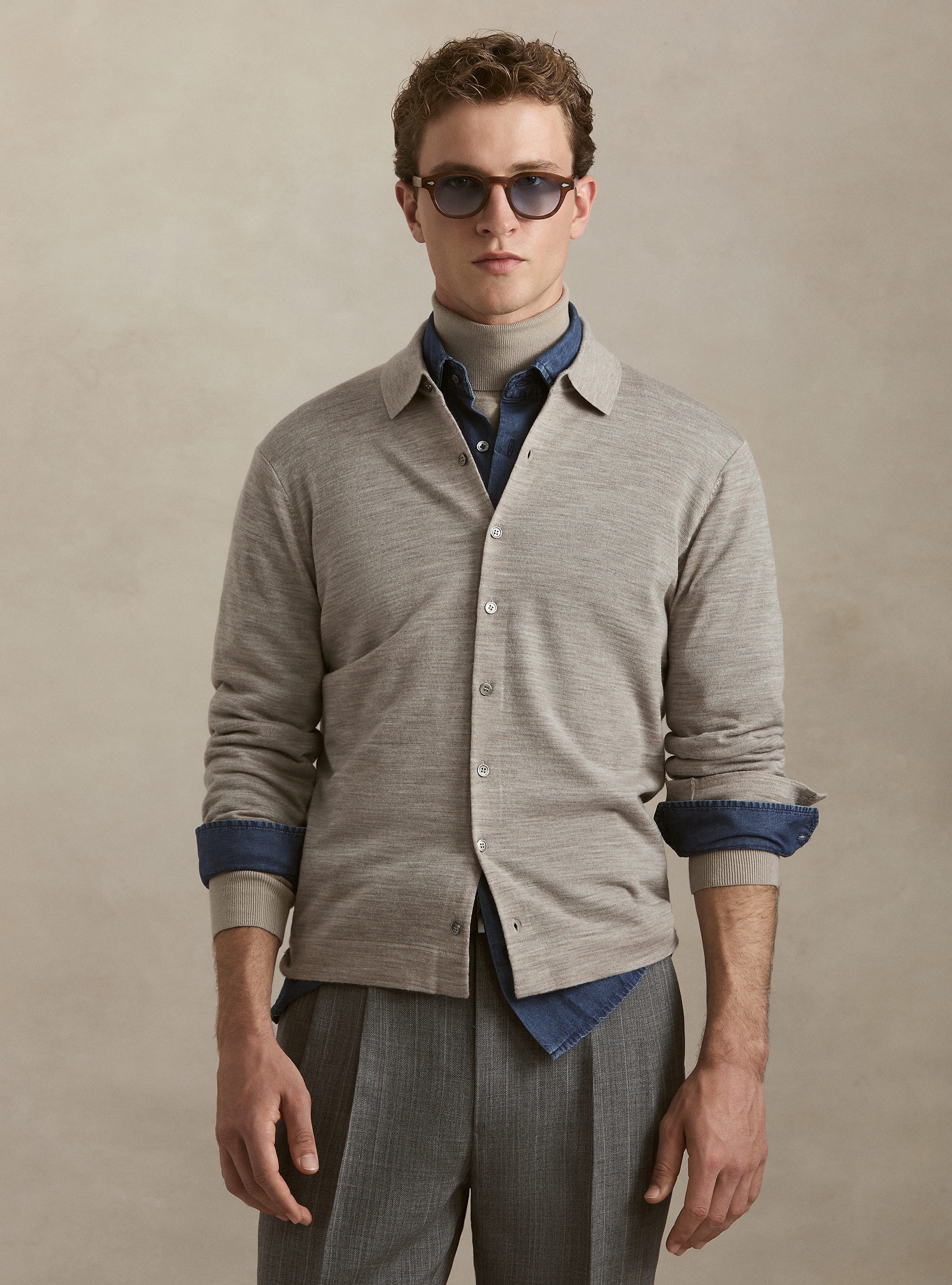 Langarm-Poloshirt aus Extrafine Merinowolle, SABBIA MELANGE 0564C