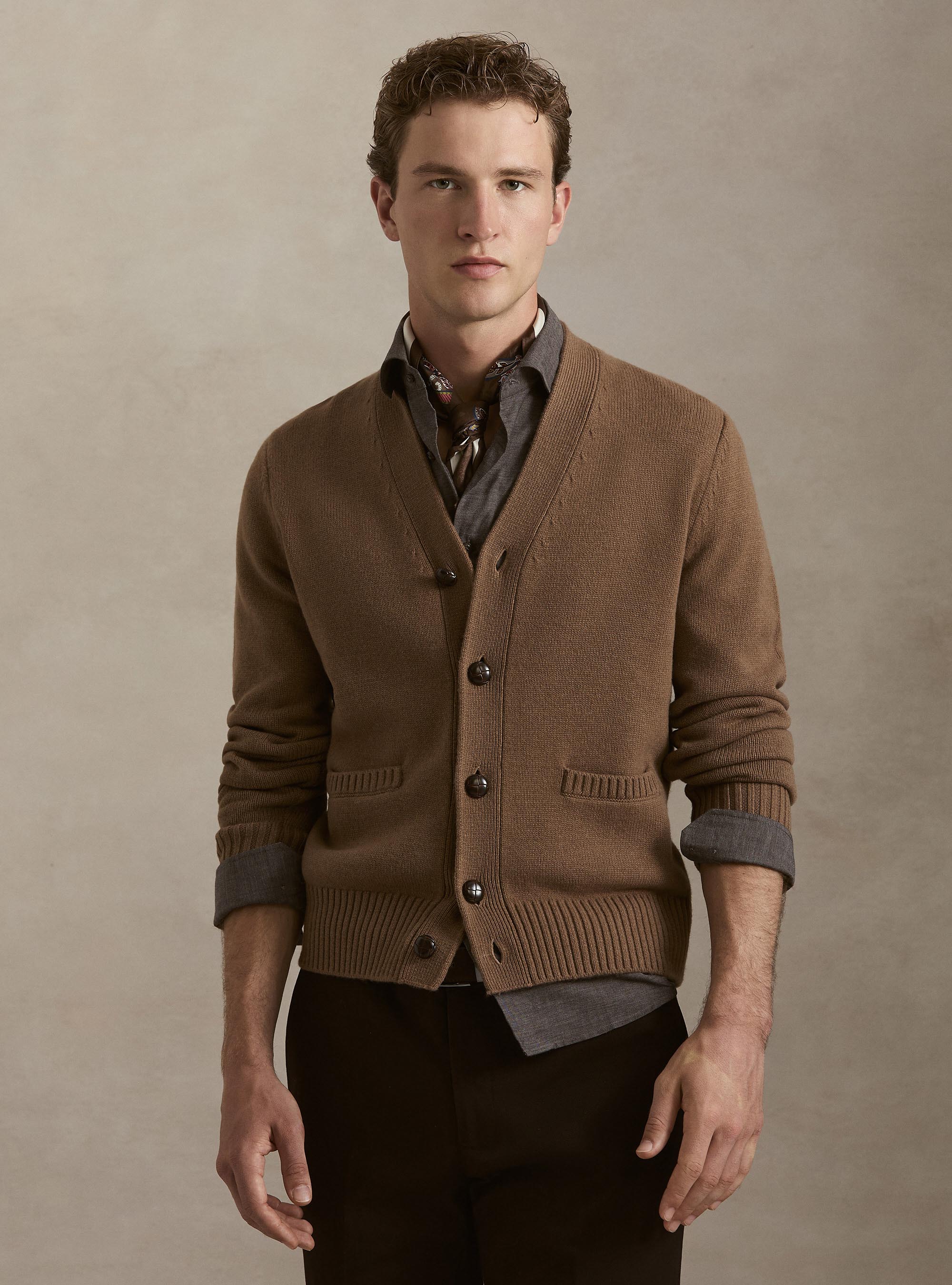 Button-up wool and cashmere cardigan, HAZELNUT