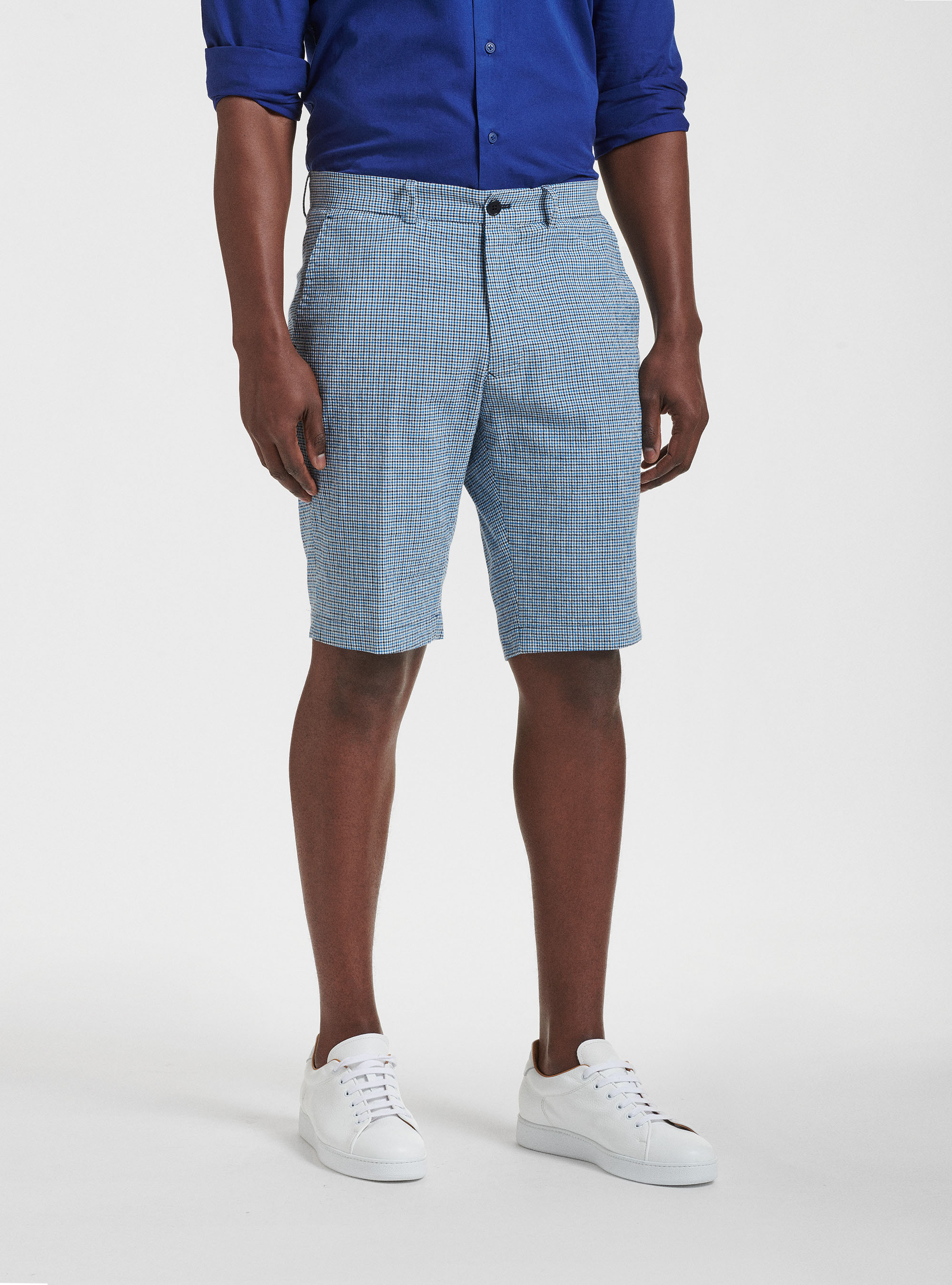 Bermudas de algod&oacute;n y lino seersucker a cuadros, AZUL MEDIO