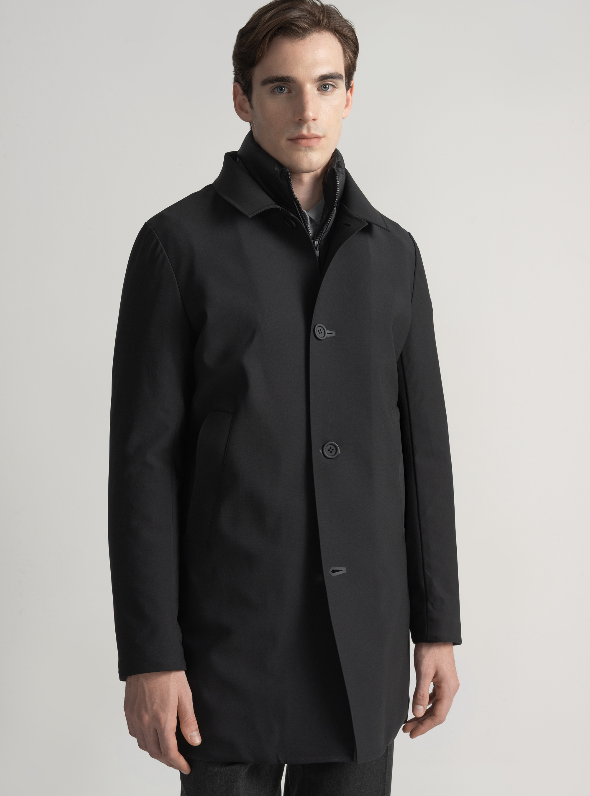 Long padded jacket with removable bib, BLACK