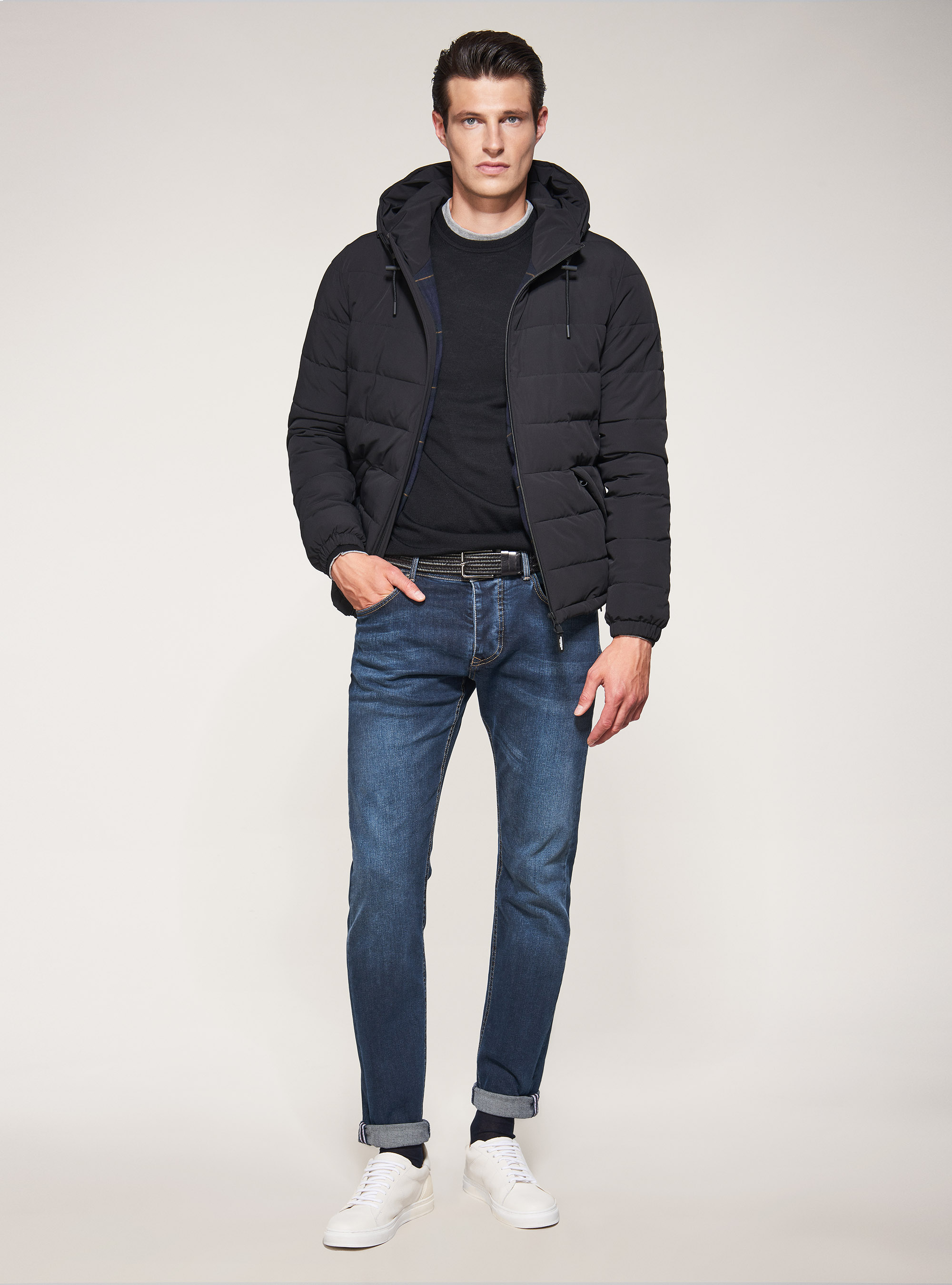Bomber jacket in technical fabric with hood, BLACK