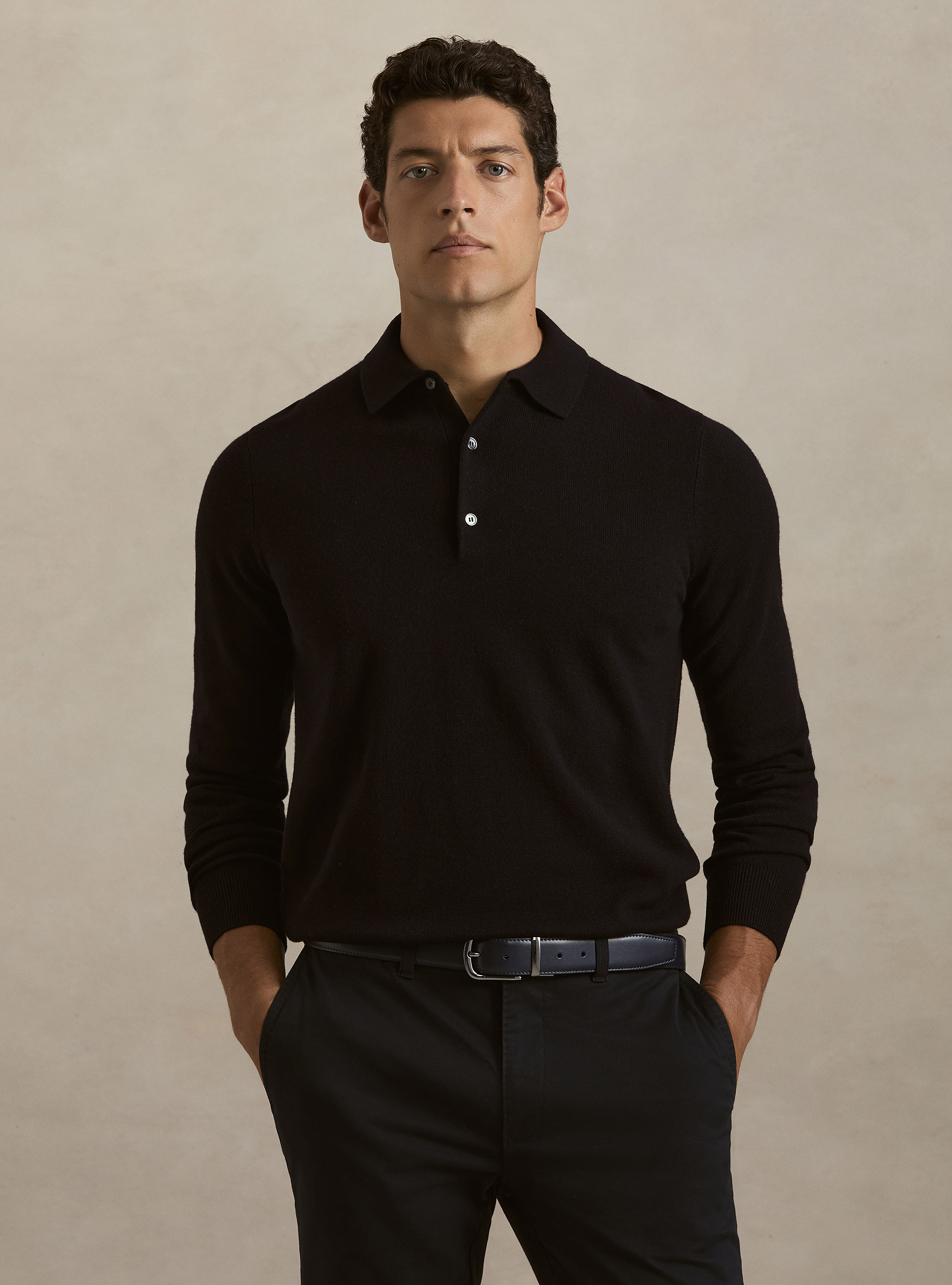 Maglia a polo in lana e cashmere, BLU NAVY