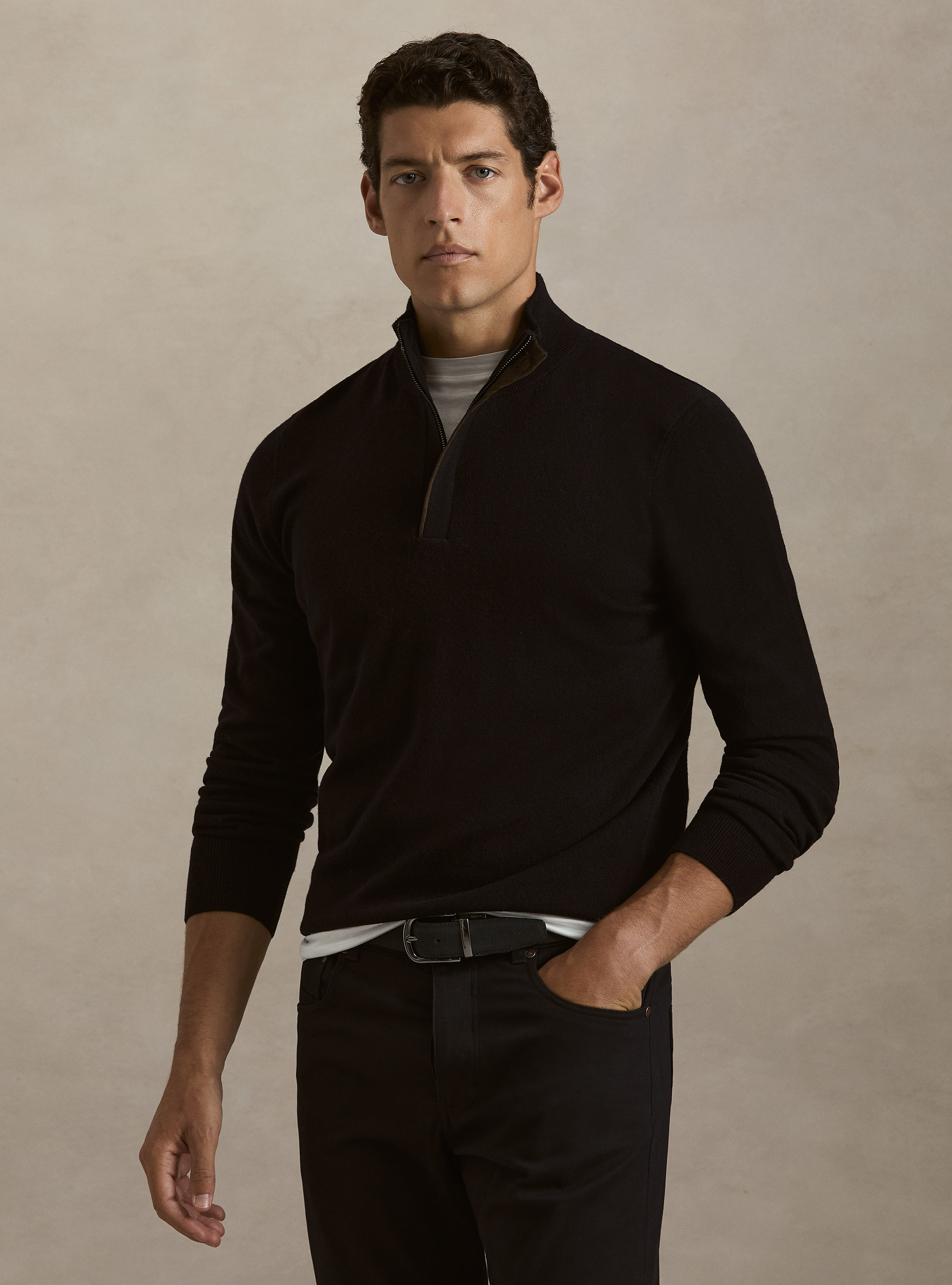 Maglia mezza zip con toppe in misto lana, BLU NAVY