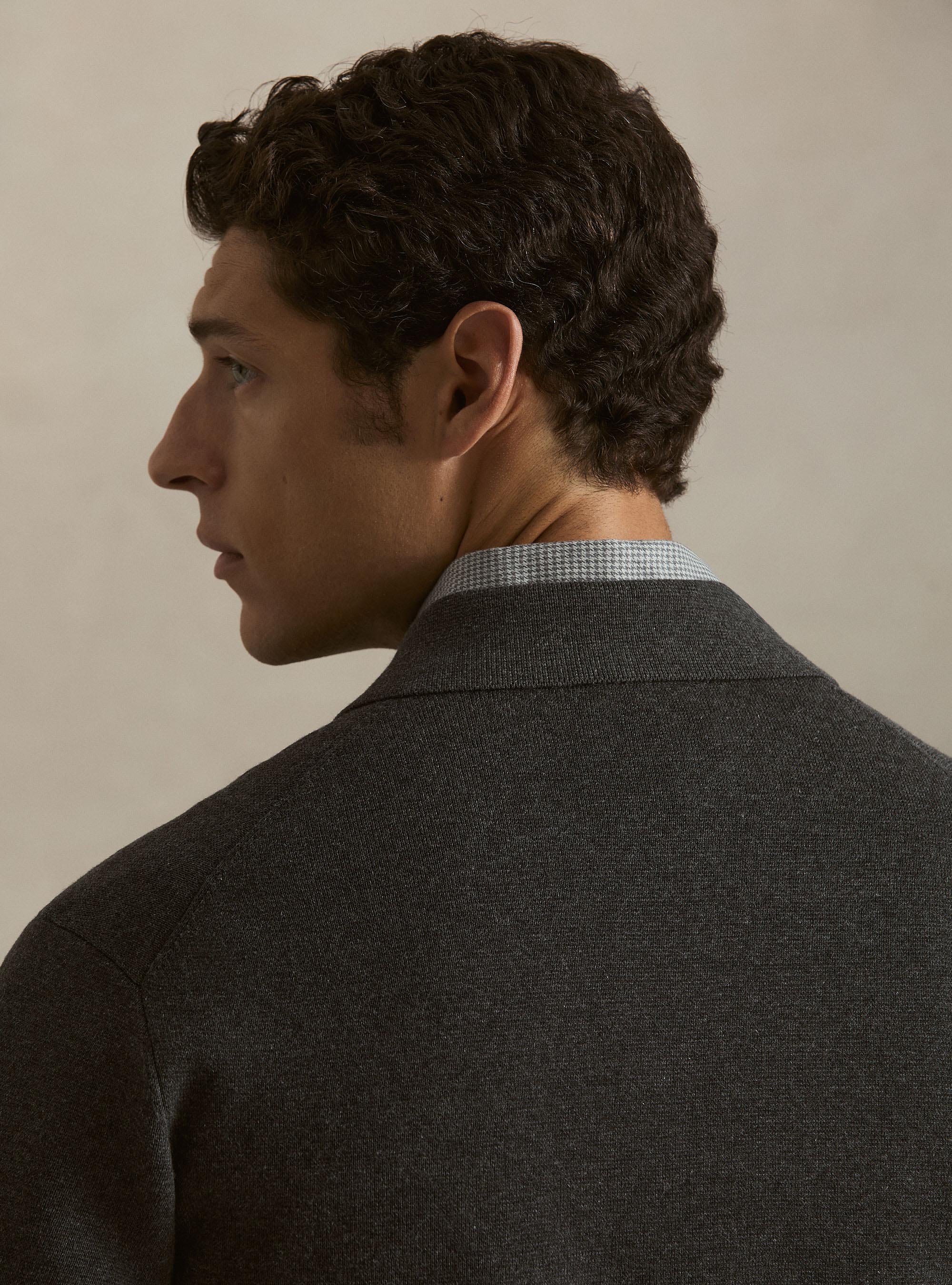 Cardigan in maglia di misto cotone con colletto, GRIGIO SCURO 0125C