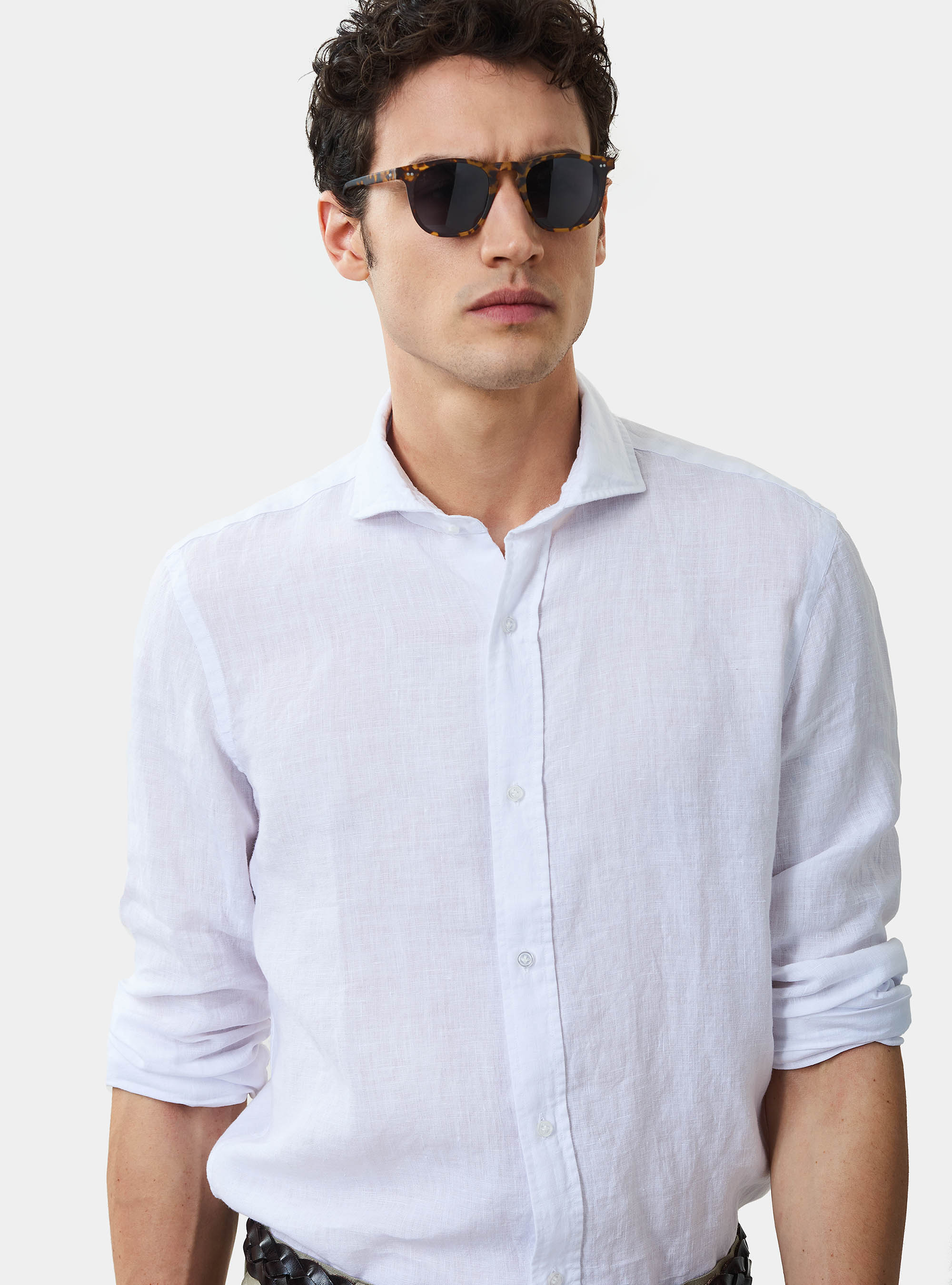 Camicia slim 100% lino delav&egrave;, BIANCO