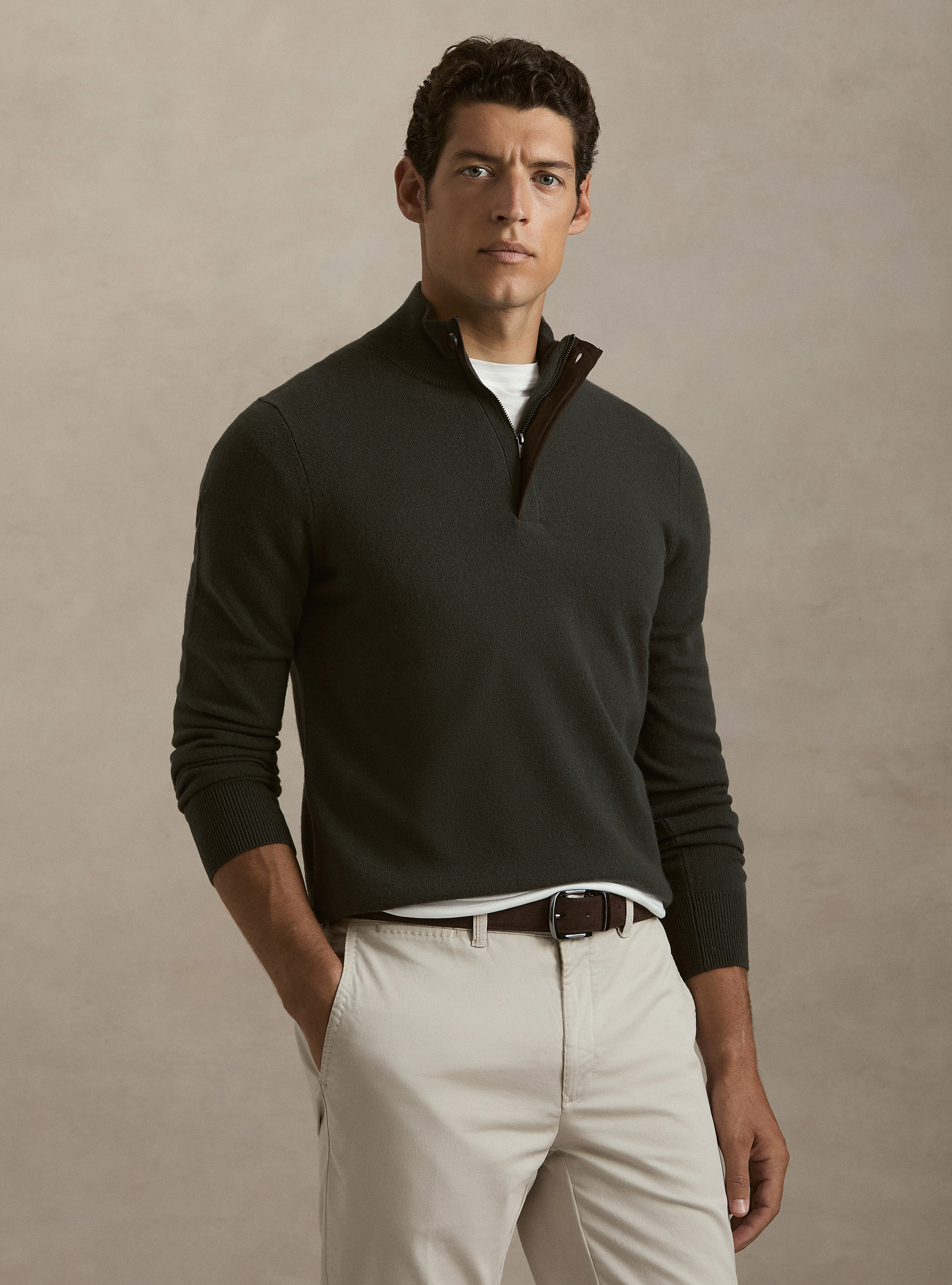Pull demi-zip en lambswool et cachemire, MILITARE 0609C