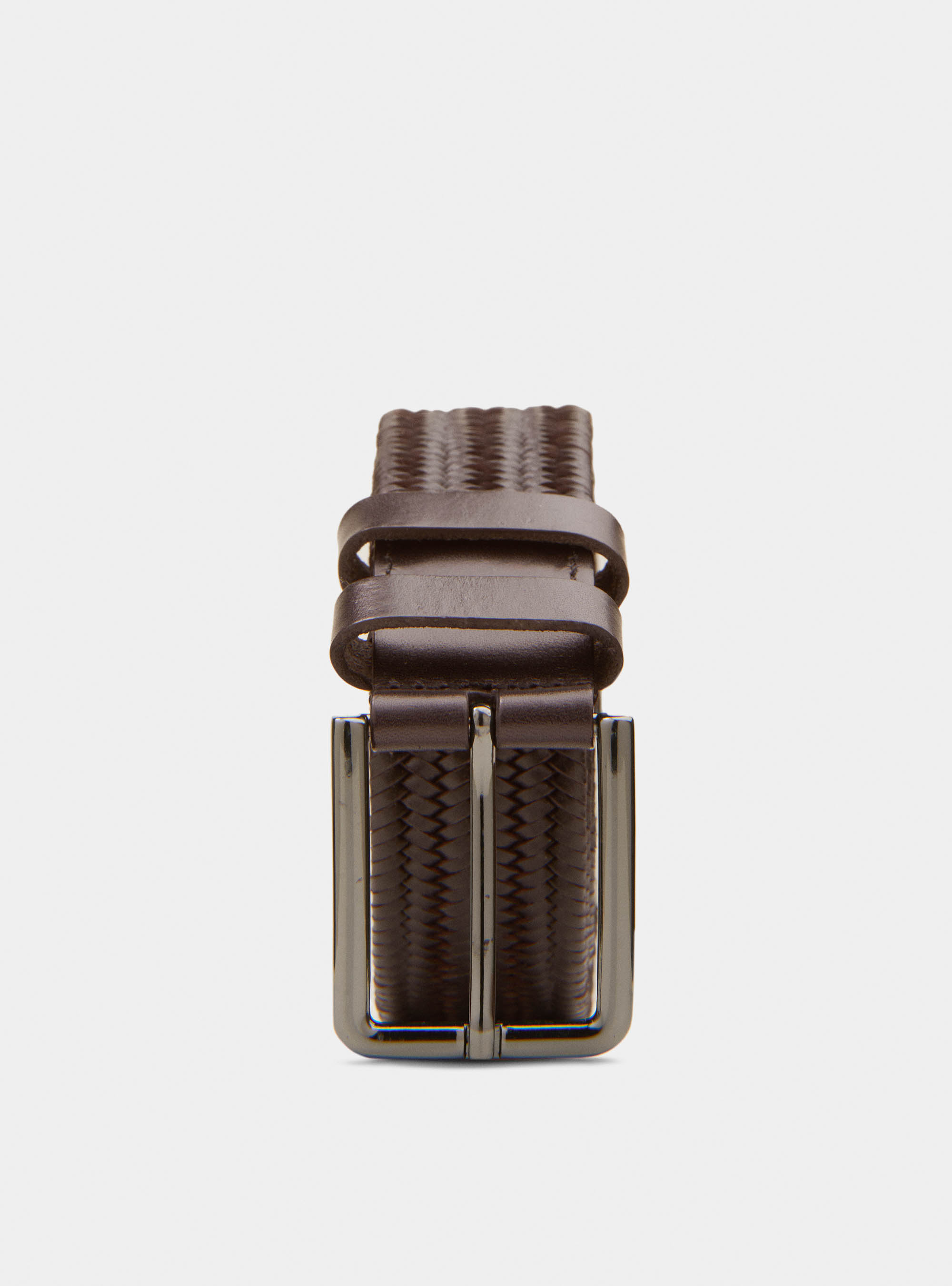 Cintura in pelle intrecciata stretch, MARRONE