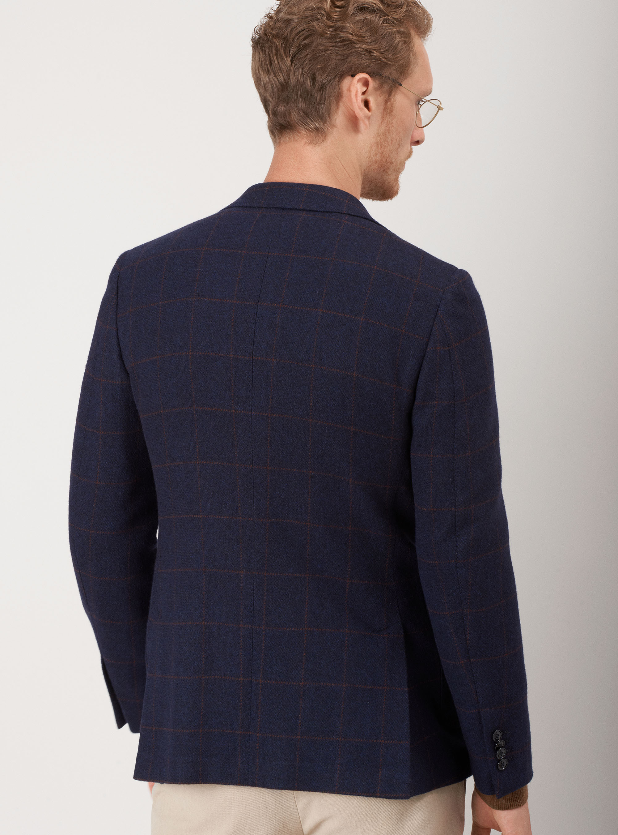 Checked jacket in lambswool and cashmere, NAVY BLUE