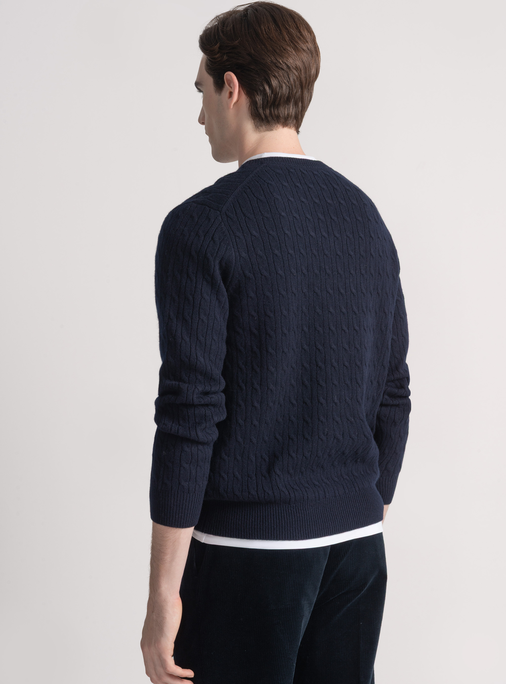 Maglia scollo a V con treccia in lana merino, BLU NAVY