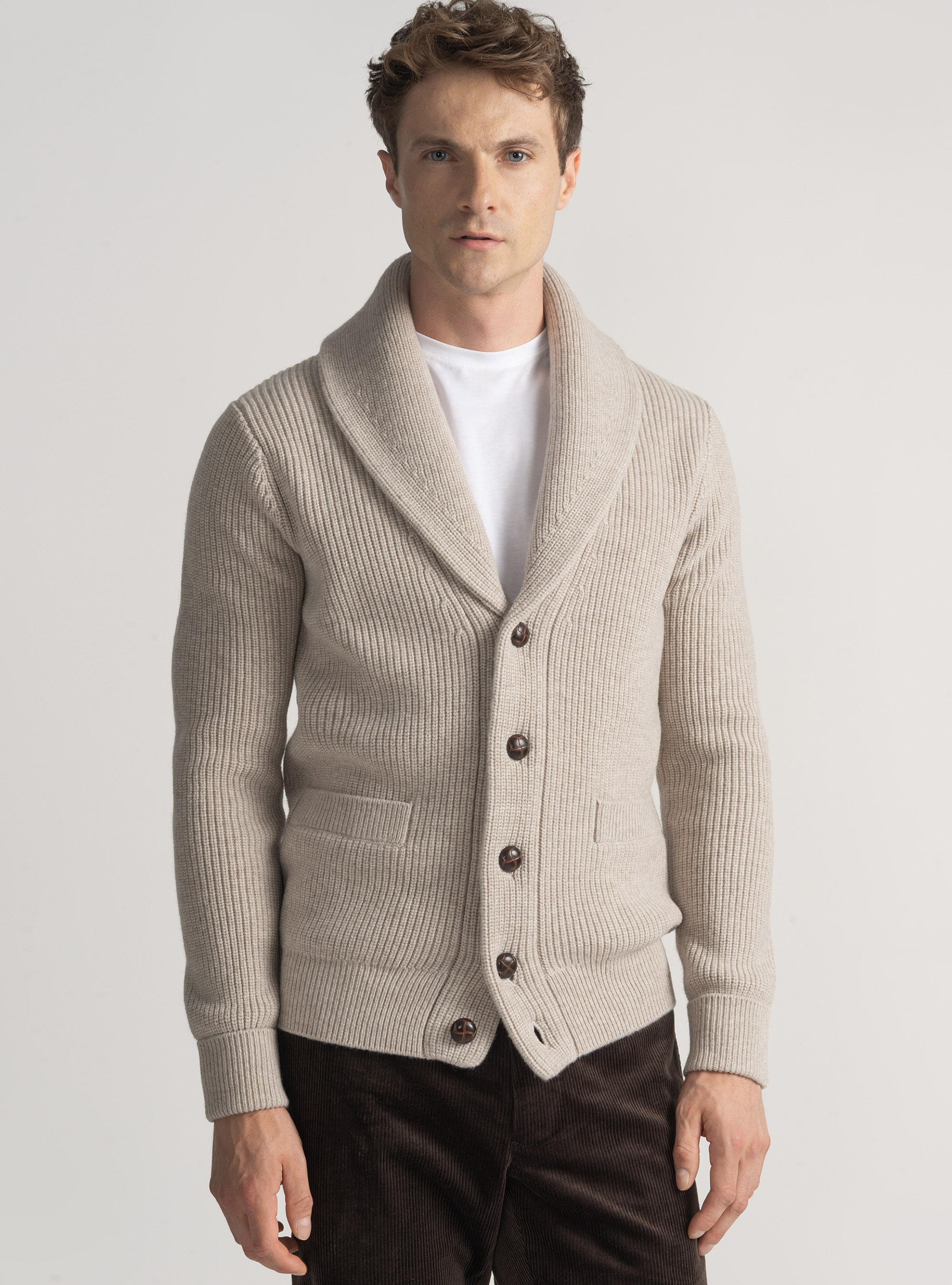 Merino wool shawl knit cardigan, ECRU
