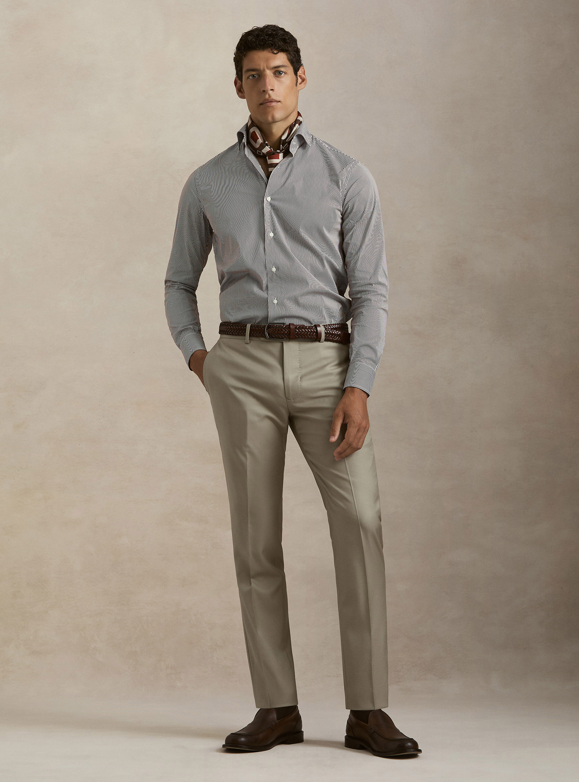 Camicia in cotone rigato popeline stretch, MARRONE