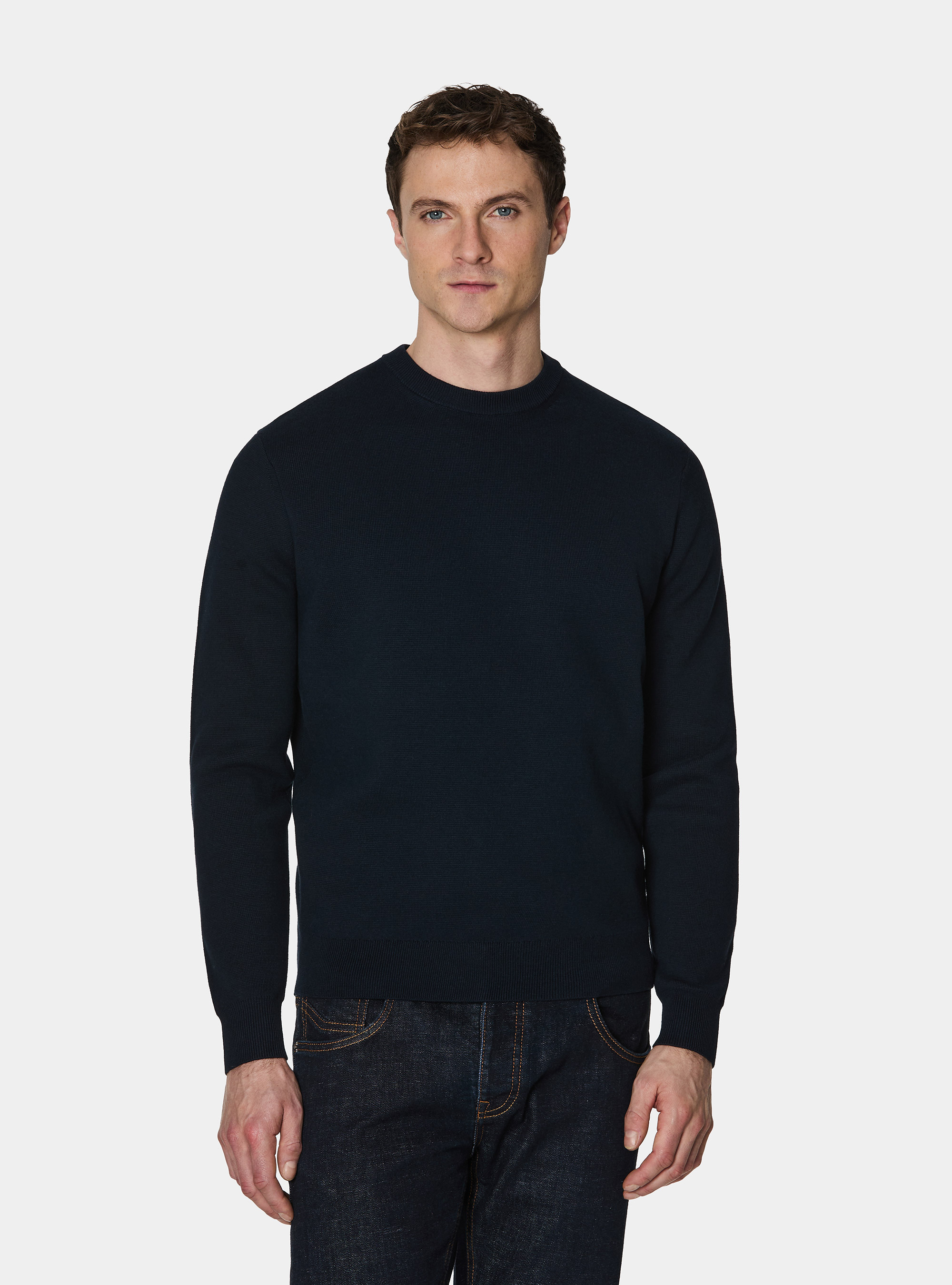 Pull &agrave; col rond en coton m&eacute;lang&eacute;, BLEU MARINE