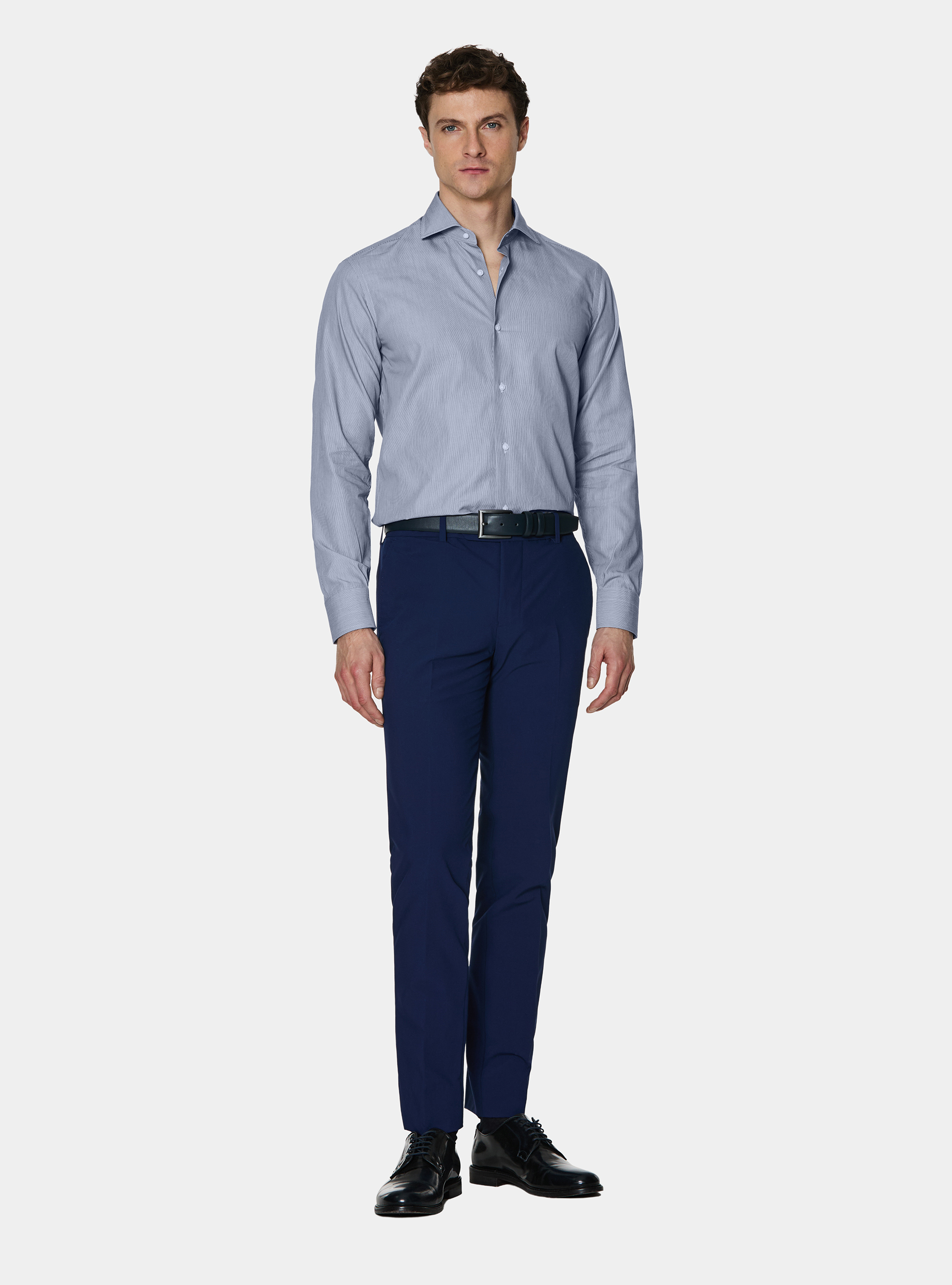 Camisa de popel&iacute;n de algod&oacute;n a rayas finas, AZUL MARINO