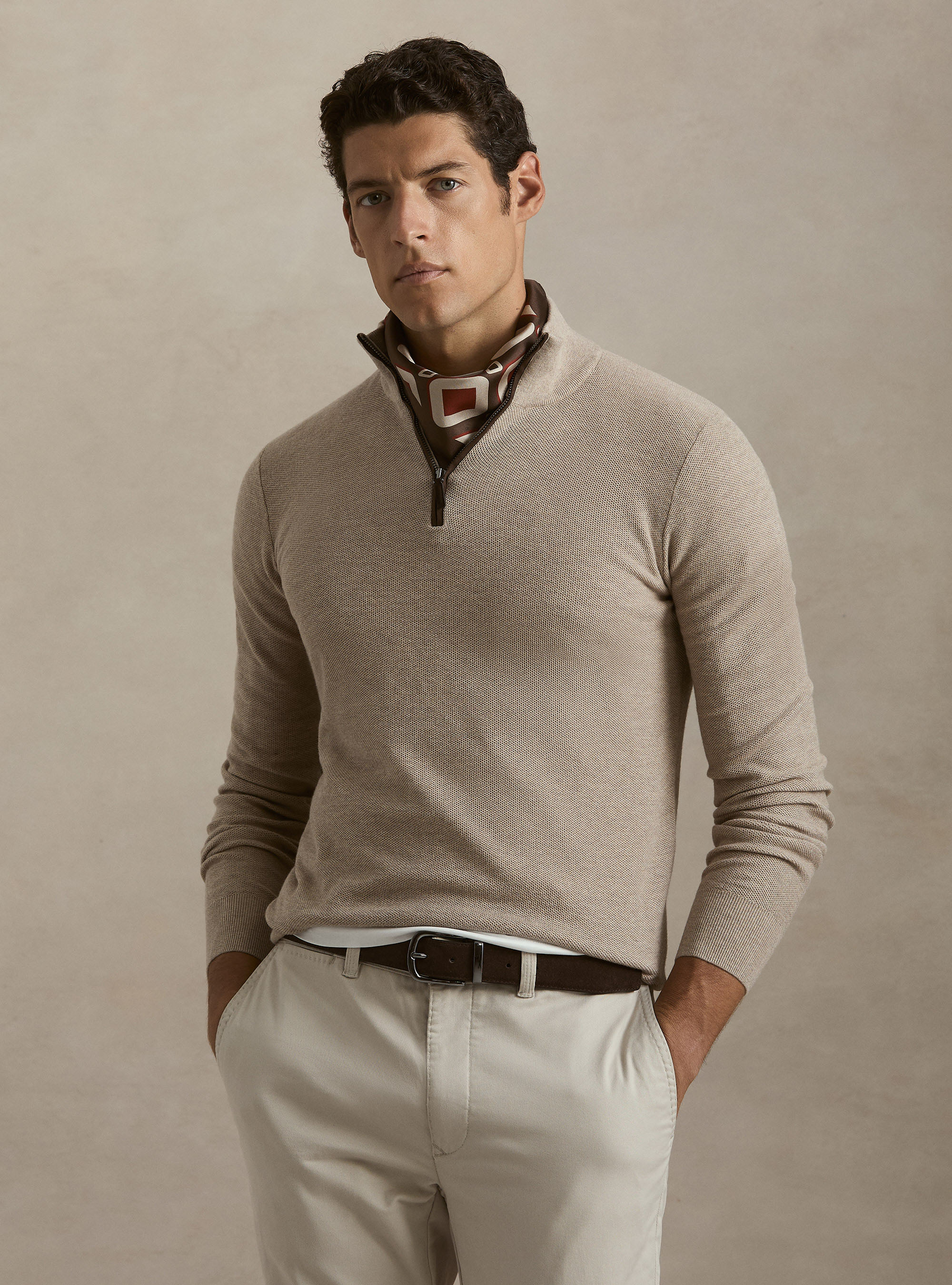 Half-Zip-Pullover aus Baumwolle und Kaschmir mit Wabenstruktur, ECRU 0560C