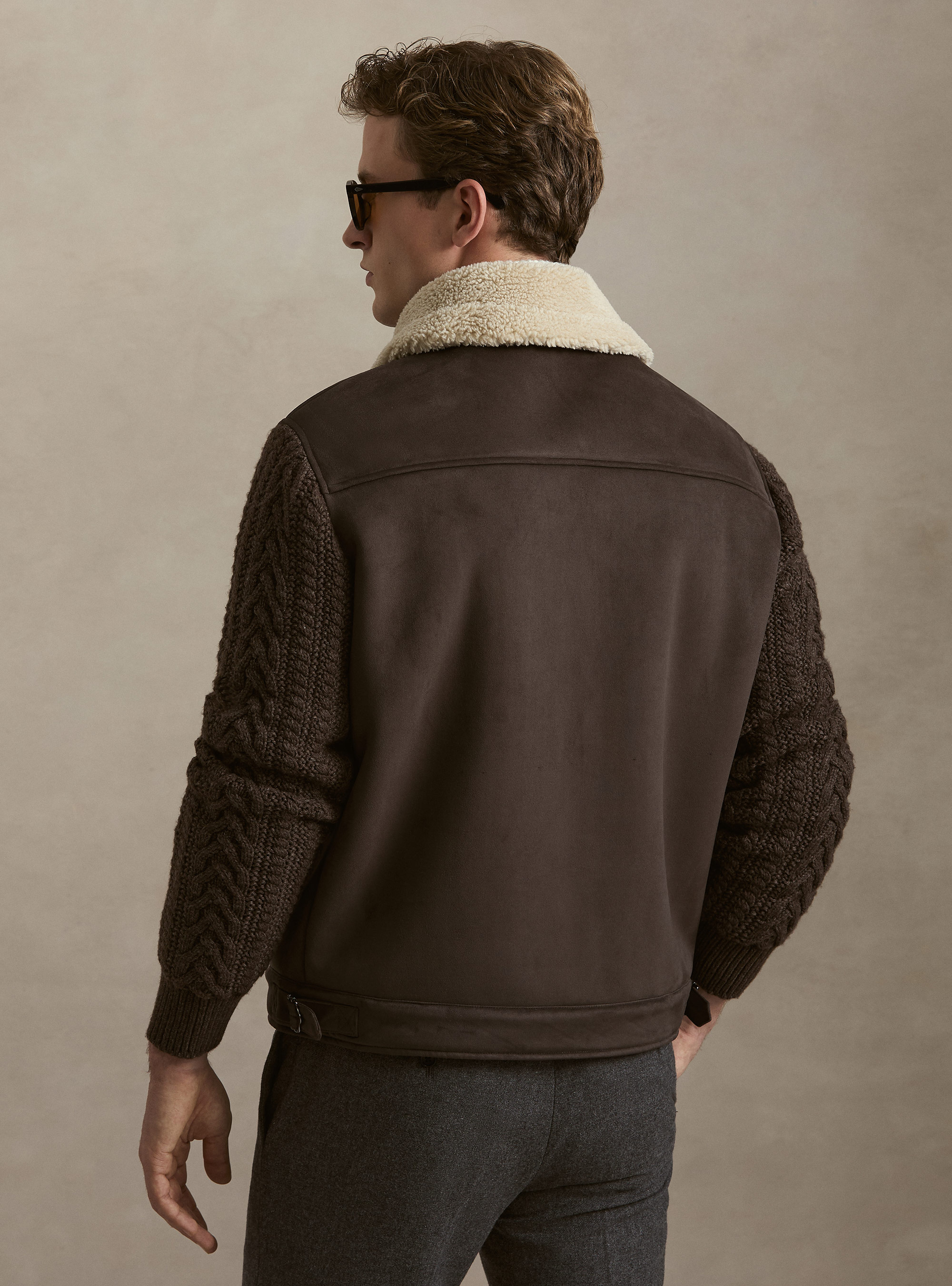 Montone effetto suede con maniche in maglia, MARRONE
