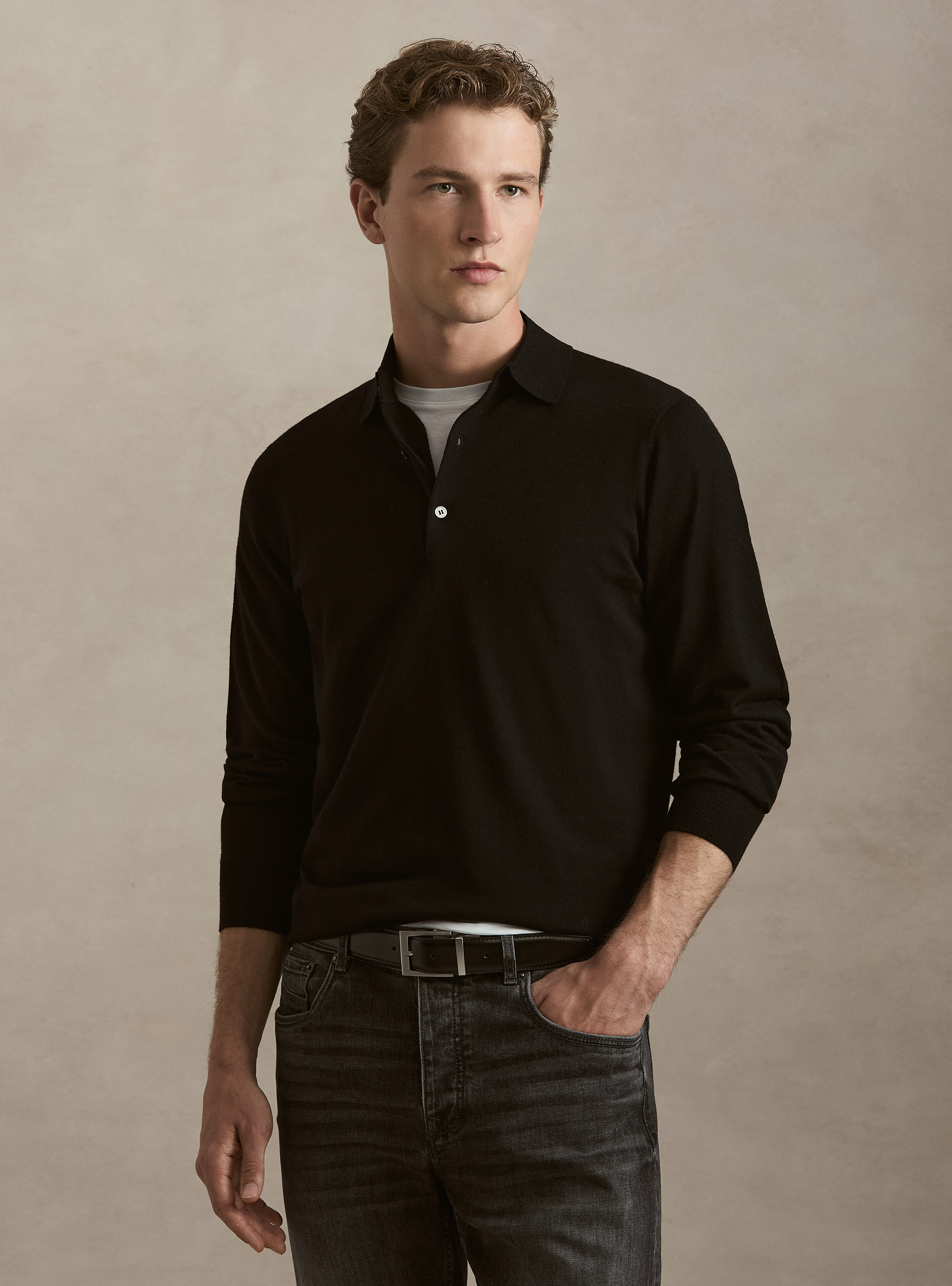 Extrafine merino wool knit polo shirt, BLACK