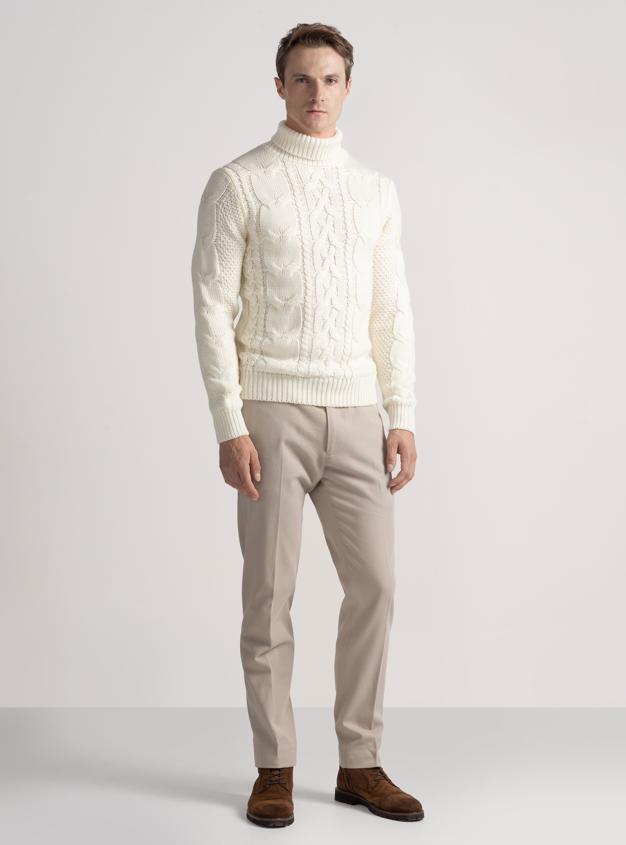 Wool-blend turtleneck sweater with braid, WHITE