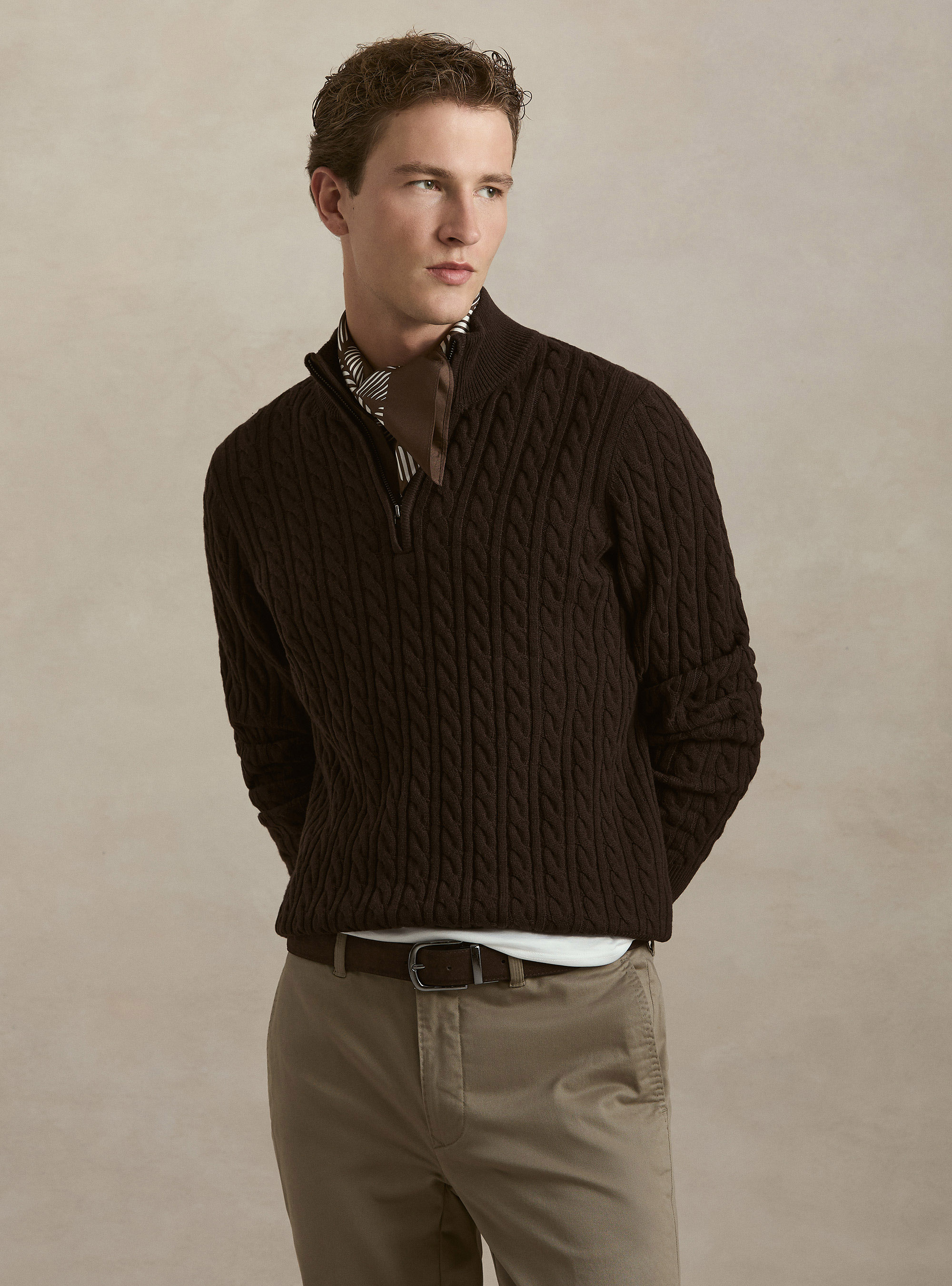 Maglia collo mock con trecca in misto lana, MARRONE