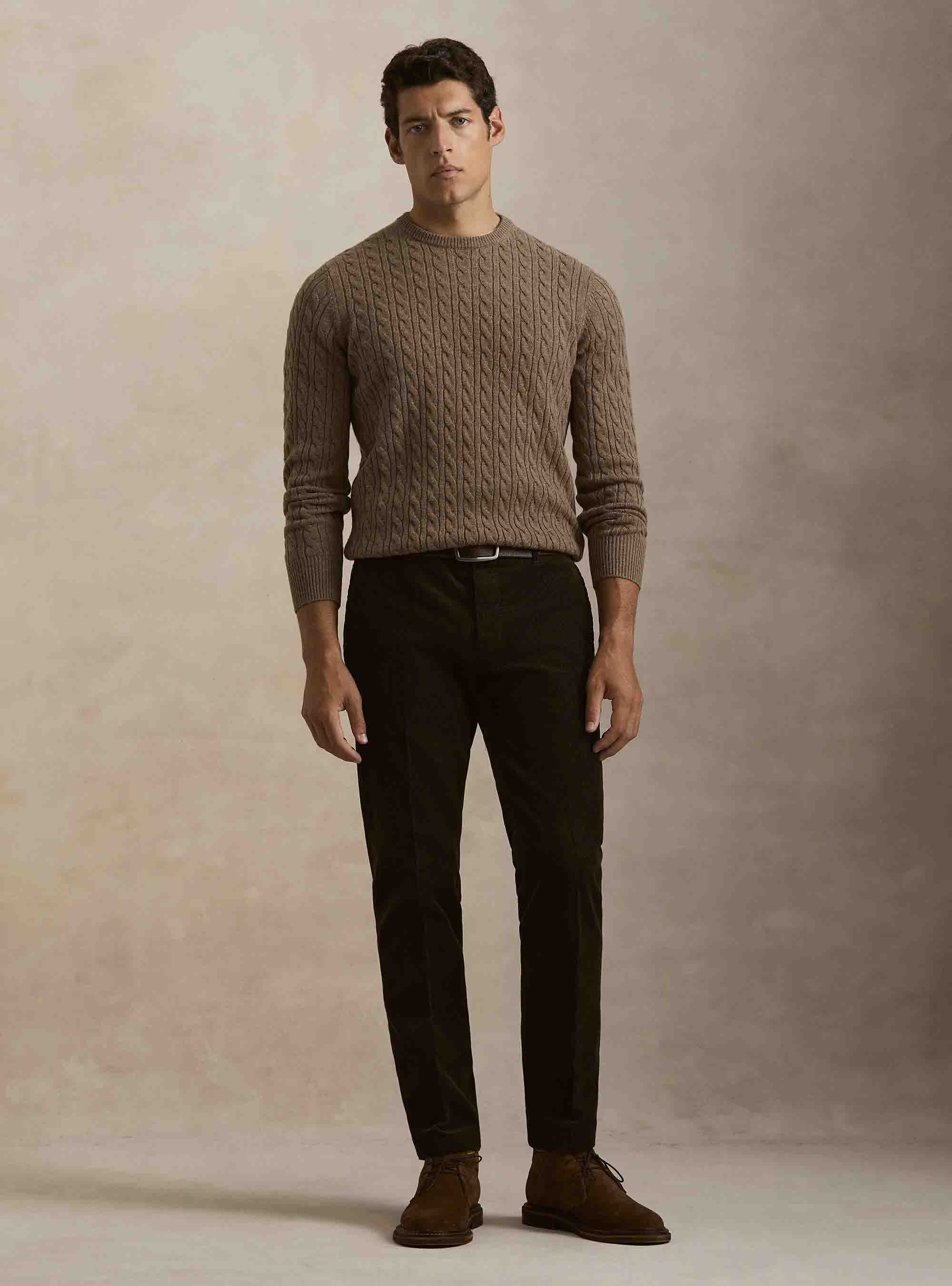 Girocollo in maglia con treccia in lana cashmere, FANGO