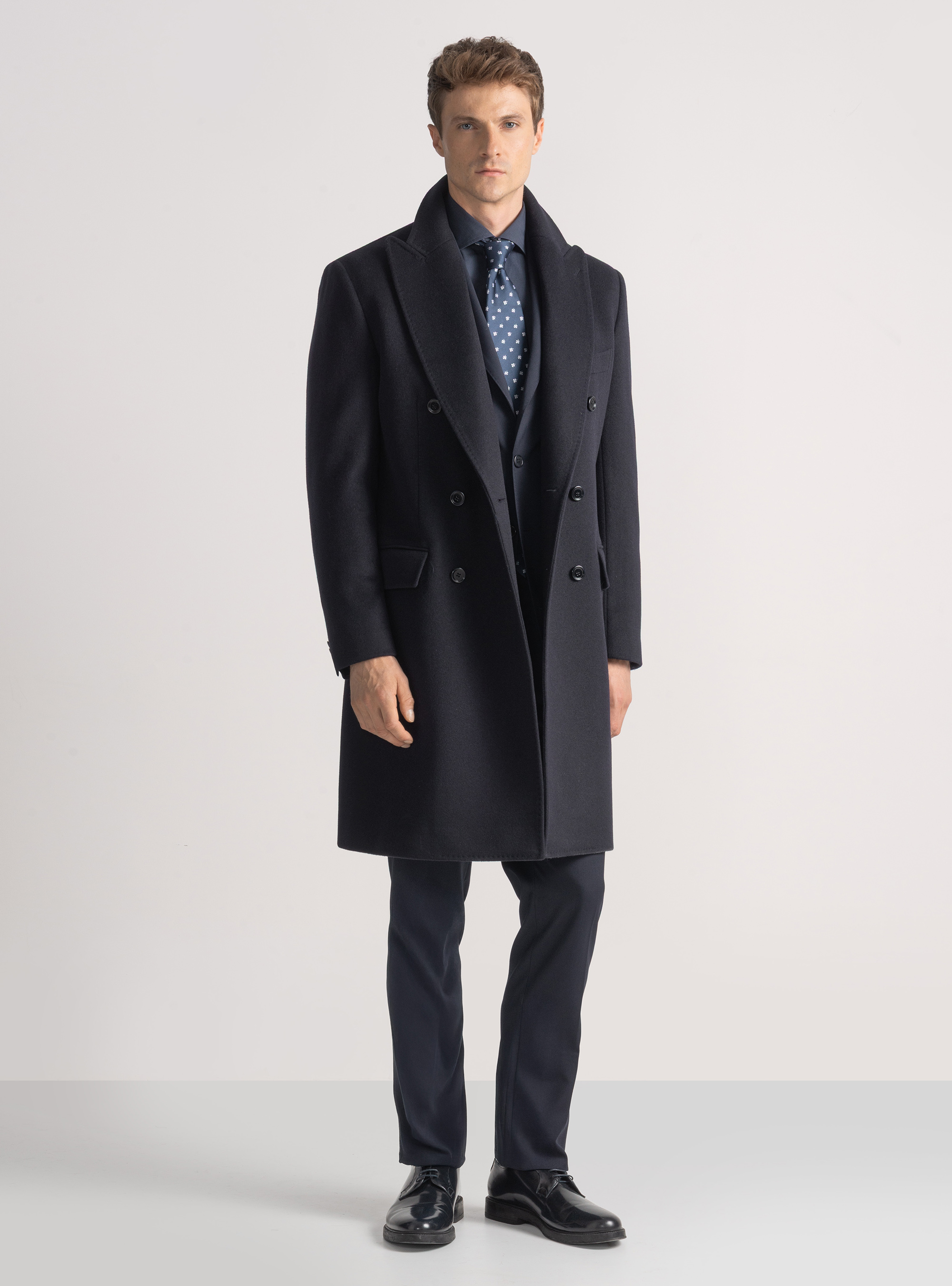 Wool and cashmere double-breasted coat, NAVY BLUE