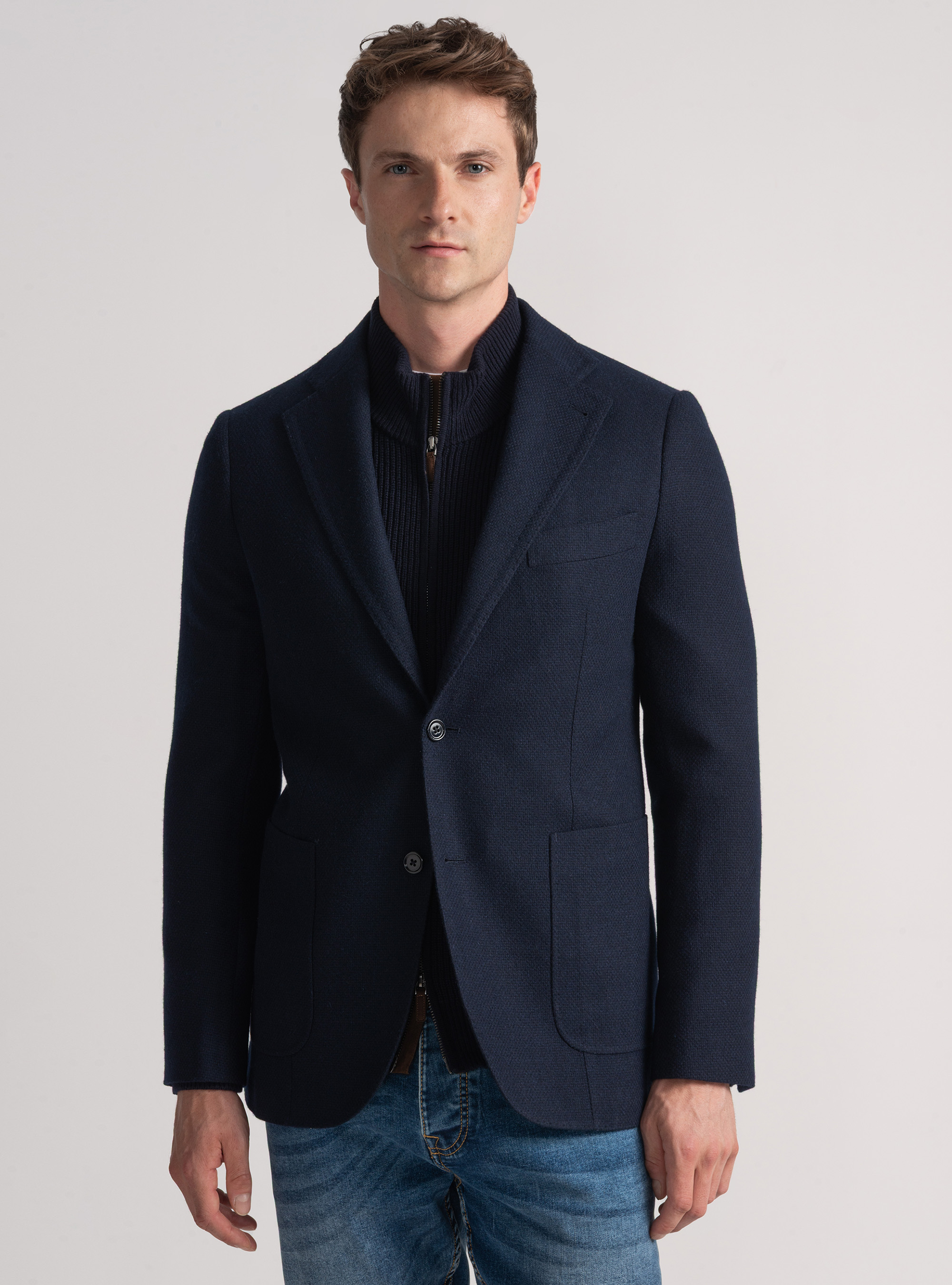 Giacca hopsack in lana cotone e cashmere, BLU NAVY