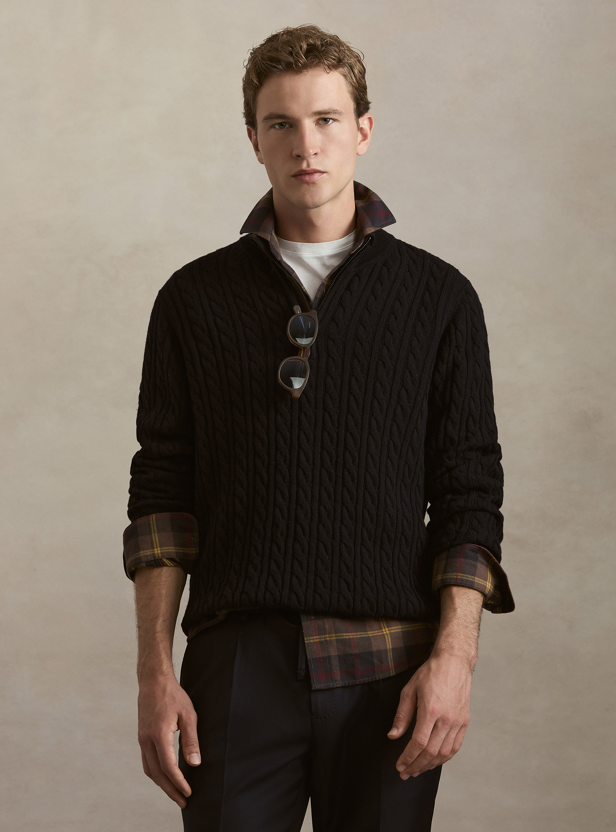 Maglia collo mock con trecca in misto lana, BLU NAVY