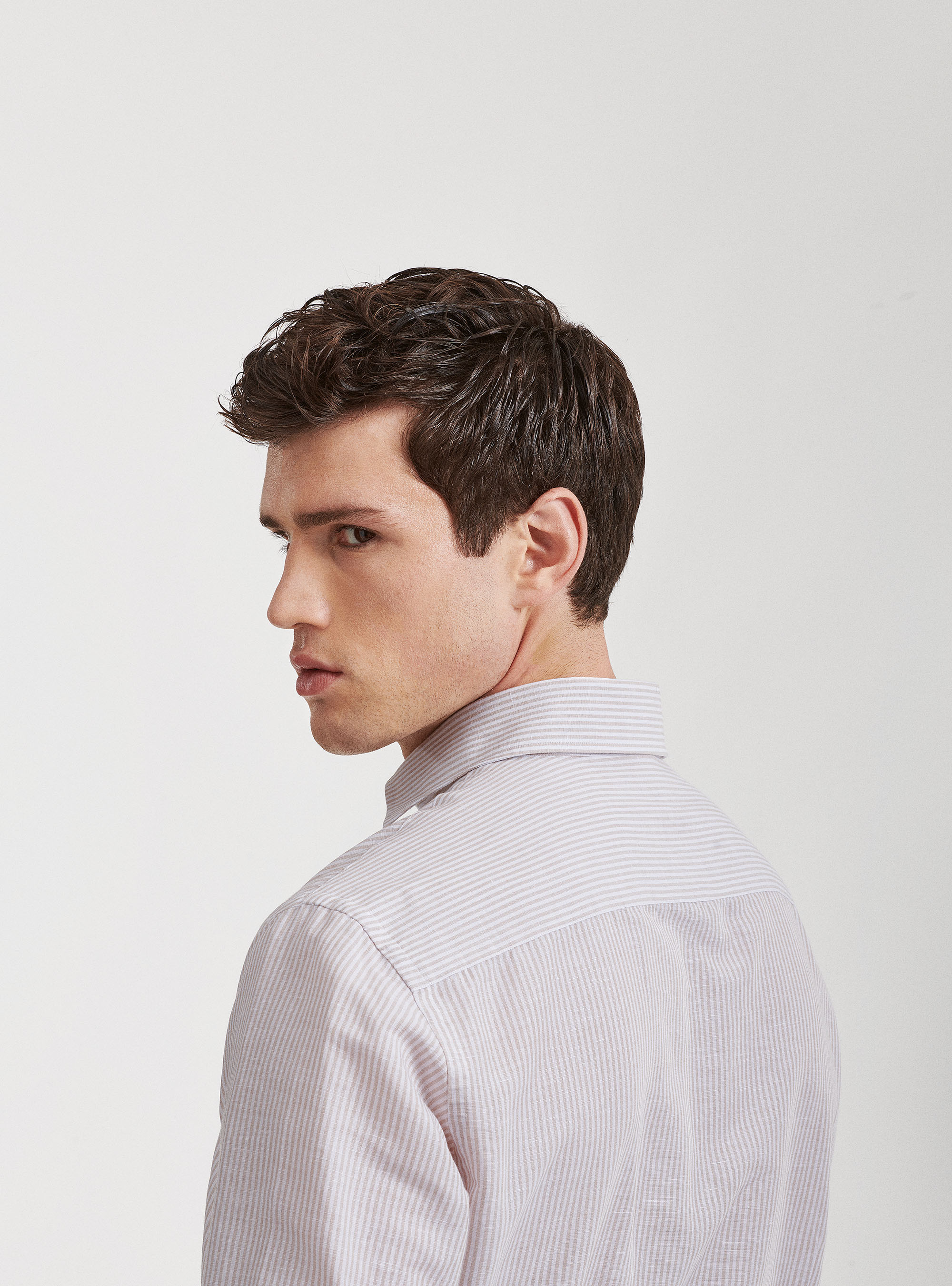 Camicia collo semi francese in lino e cotone rigato, SABBIA