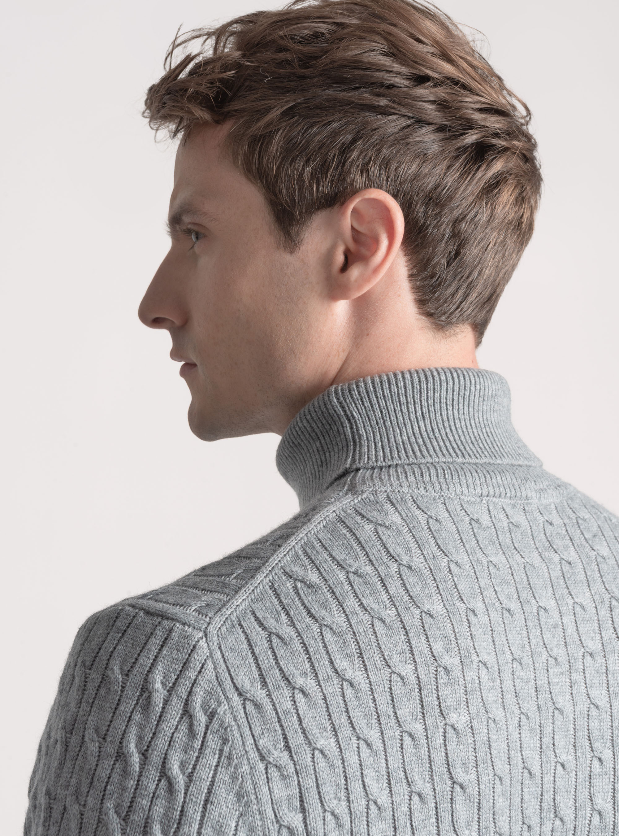 Maglia collo alto con treccia in misto lana, GRIGIO MELANGE 0151C