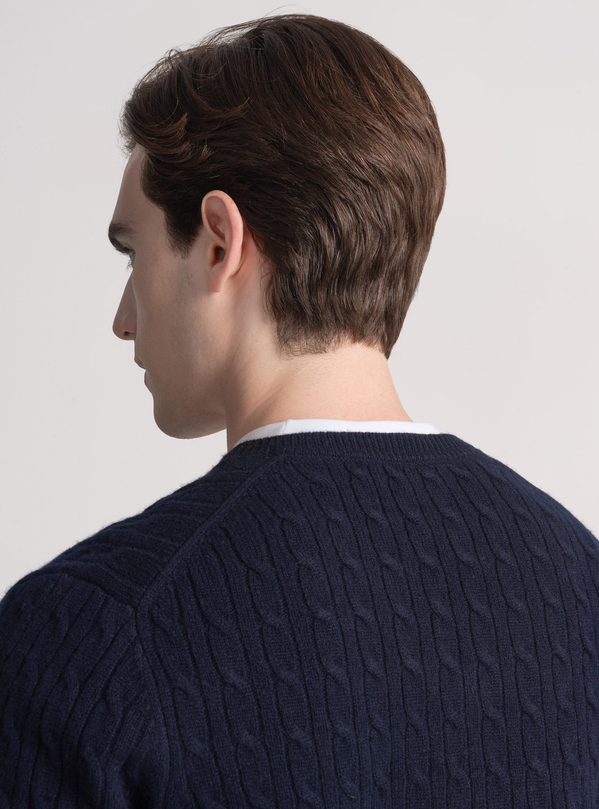 Maglia scollo a V con treccia in lana merino, BLU NAVY