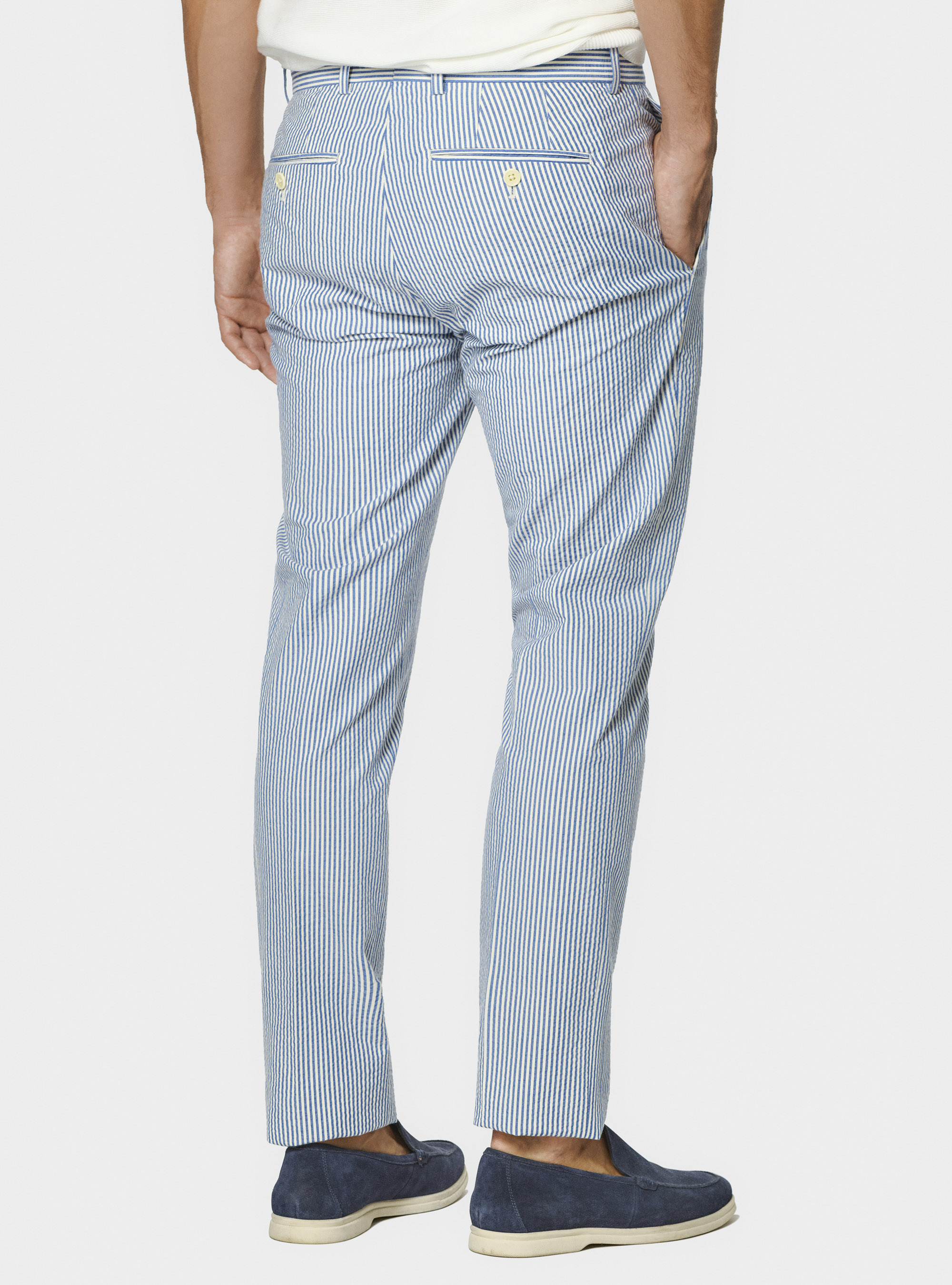 Pantalon seersucker en coton m&eacute;lang&eacute; ray&eacute;, BLEU