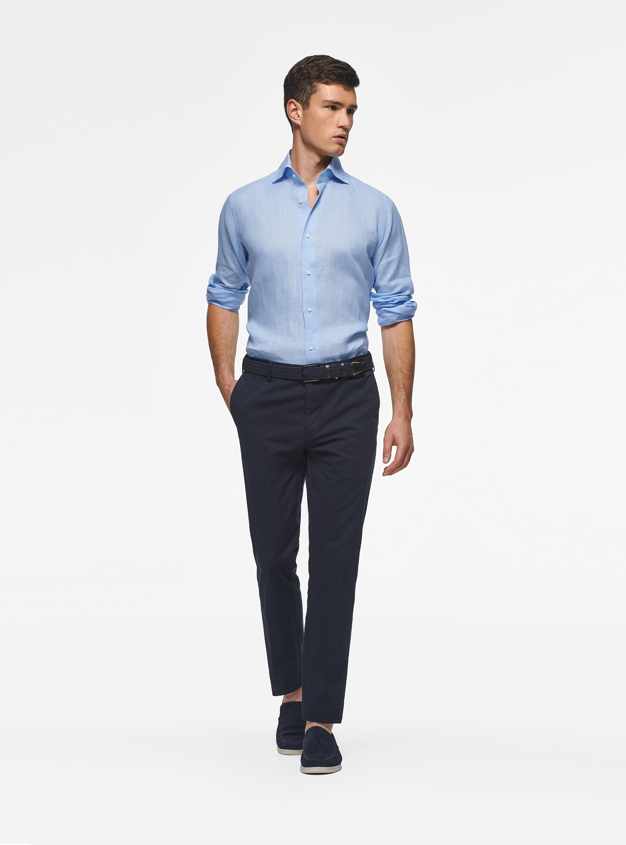 Camicia collo italiano in puro lino, AZZURRO