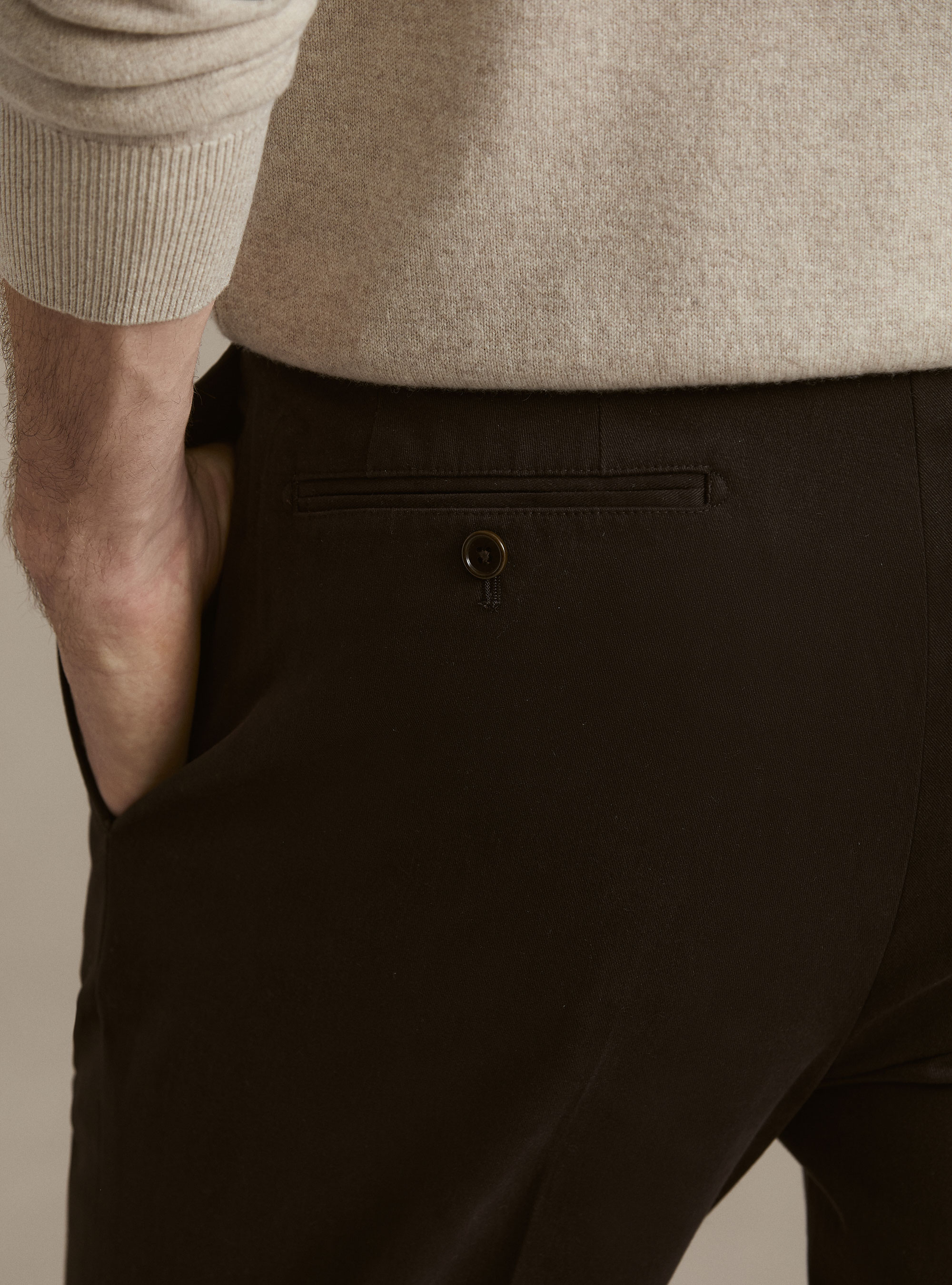 Pantalones de pinzas en sarga de algod&oacute;n y cachemira, MARRON