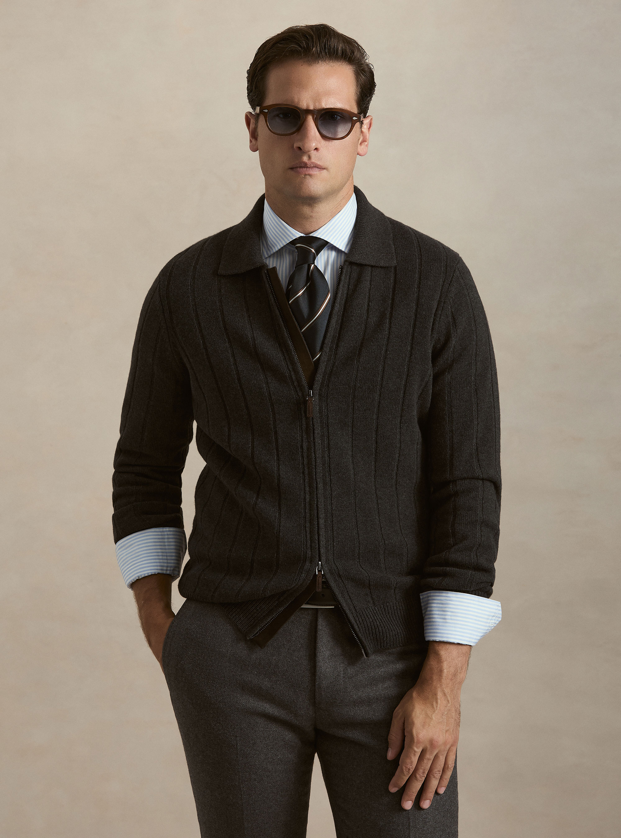 Maglia full zip con colletto in lana e cashmere a costa piatta, ASFALTO