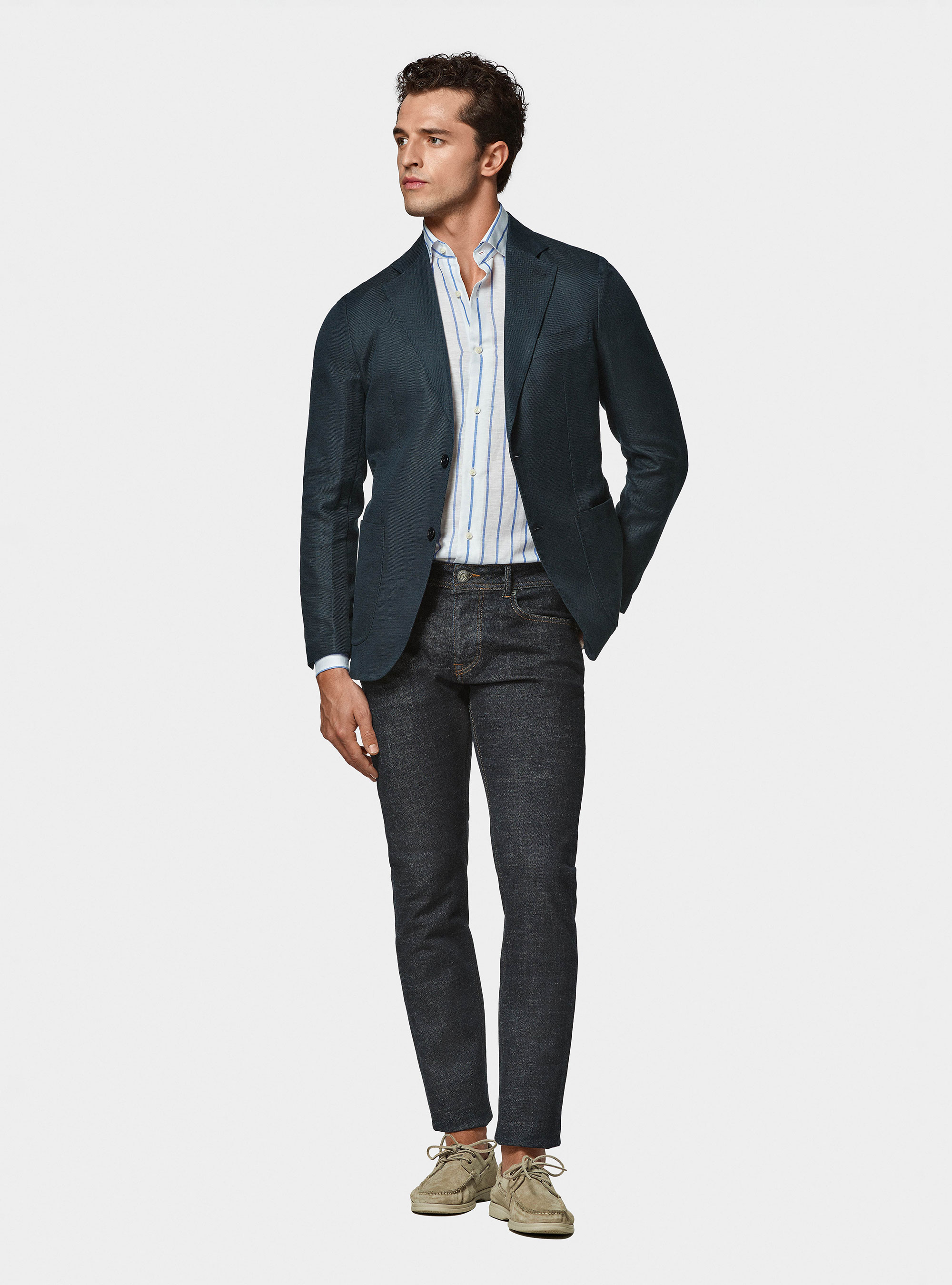 Giacca hopsack in cotone e lino, BLU NAVY