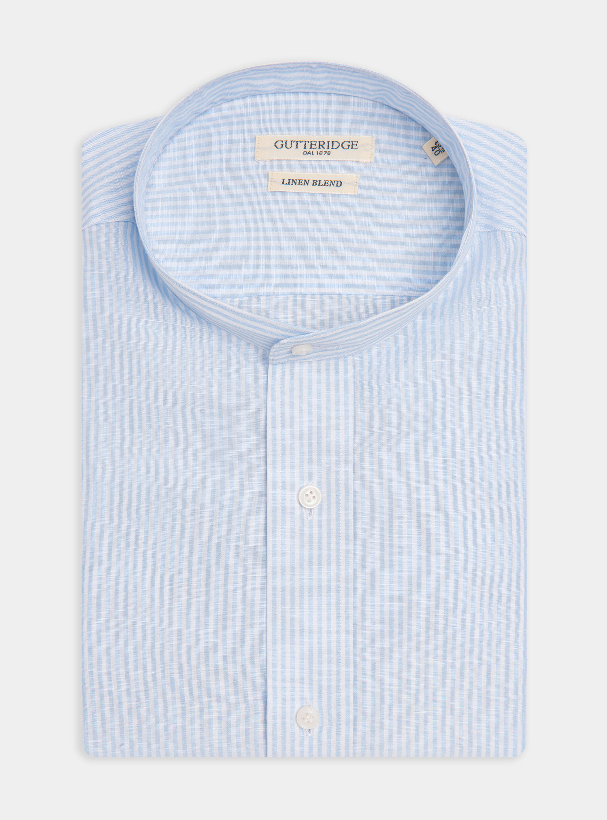 Camicia collo alla coreana in lino e cotone, AZZURRO