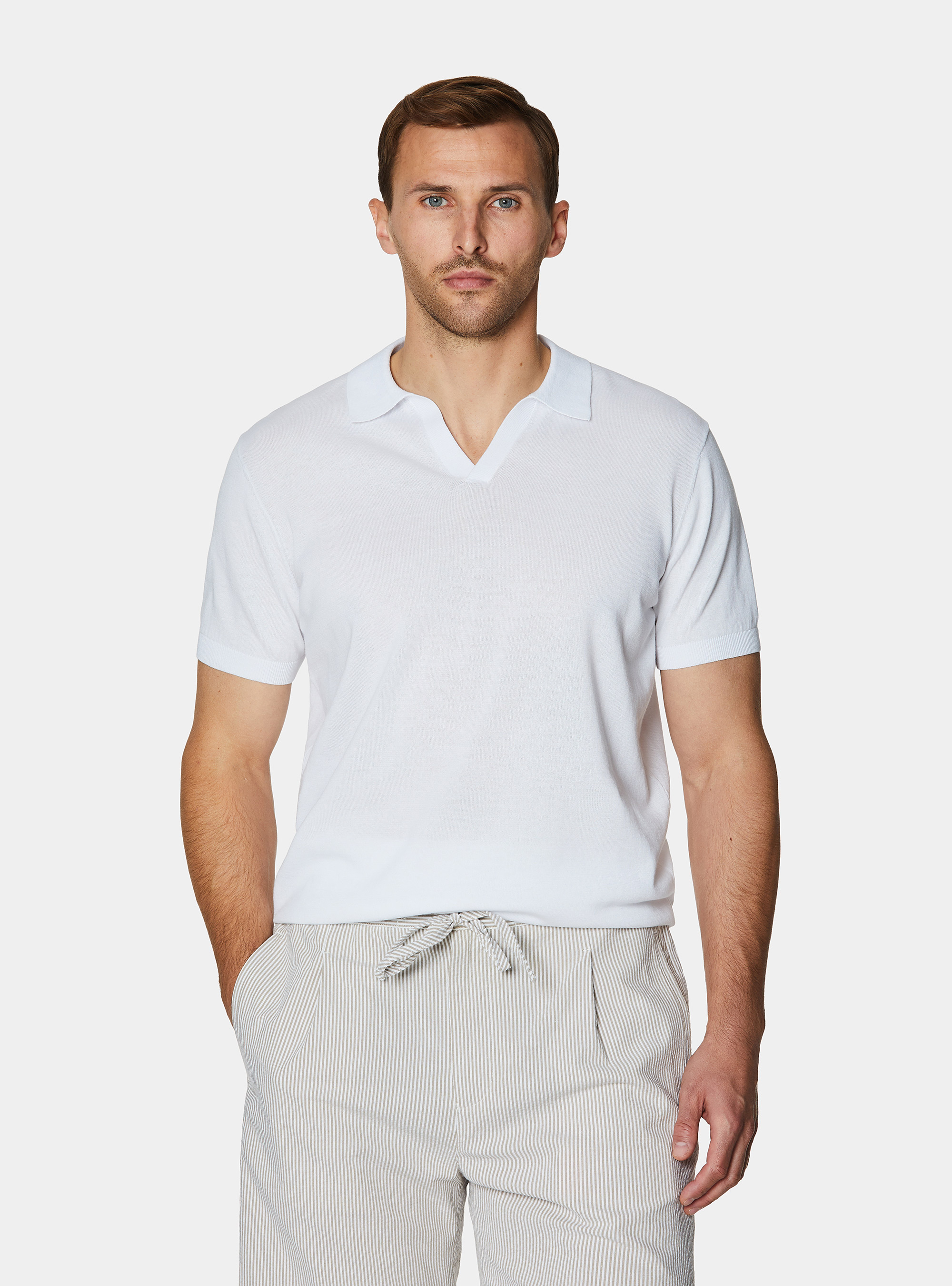Buttonless knitted polo shirt in extra-fine cotton, WHITE
