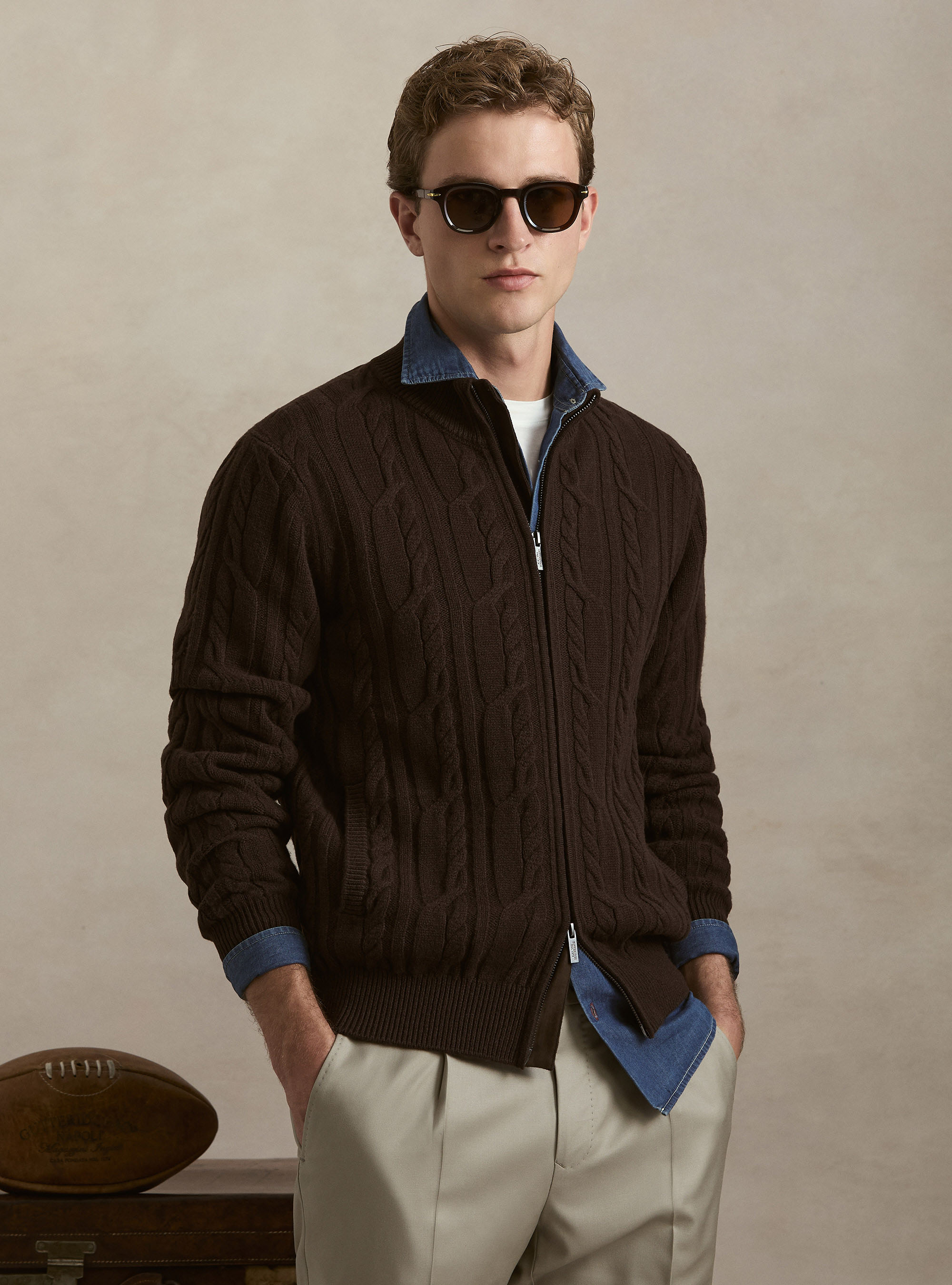Cardigan a treccia in lana e cashmere, MARRONE