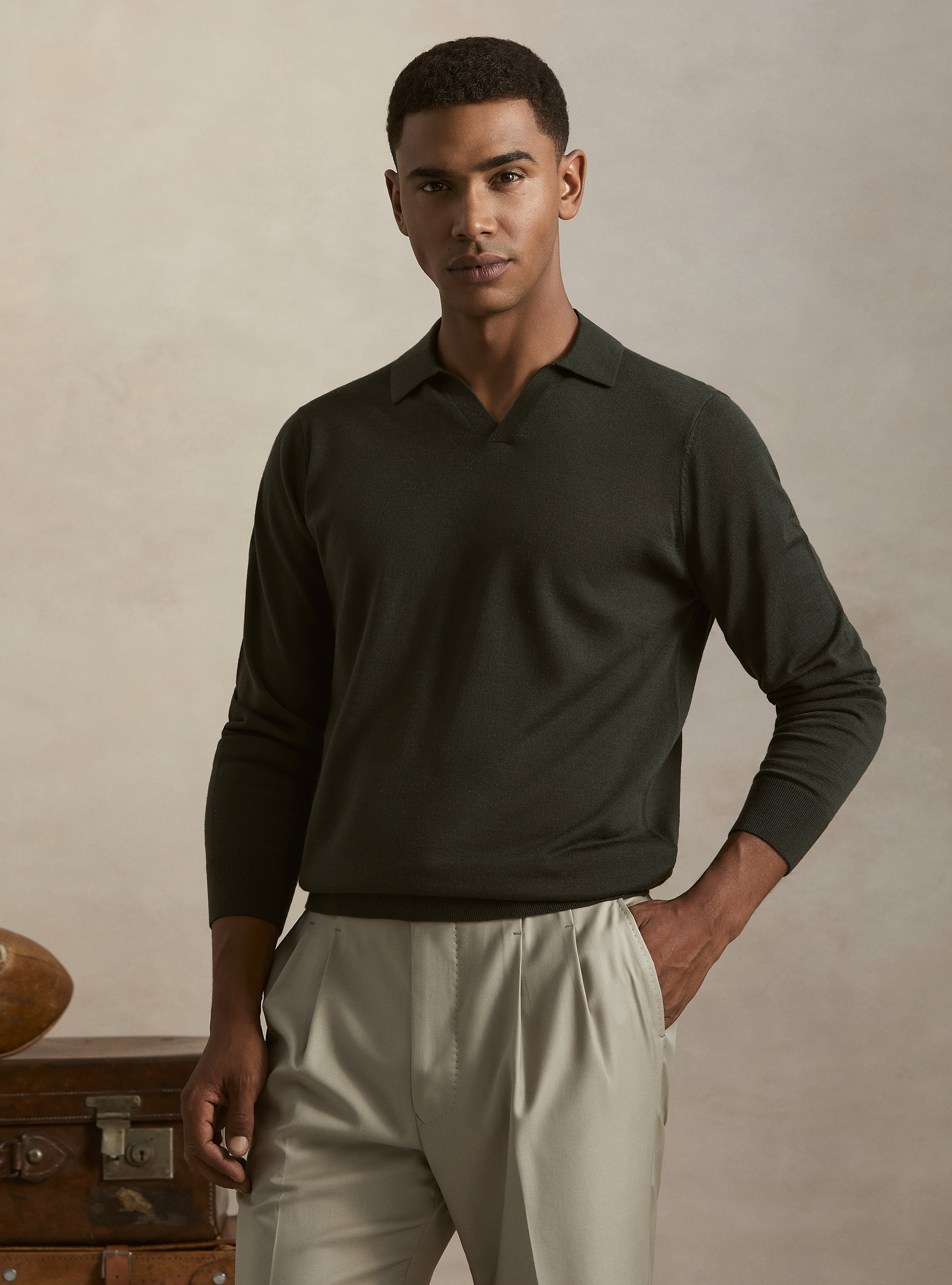 Buttonless merino polo, MILITARE 0609C