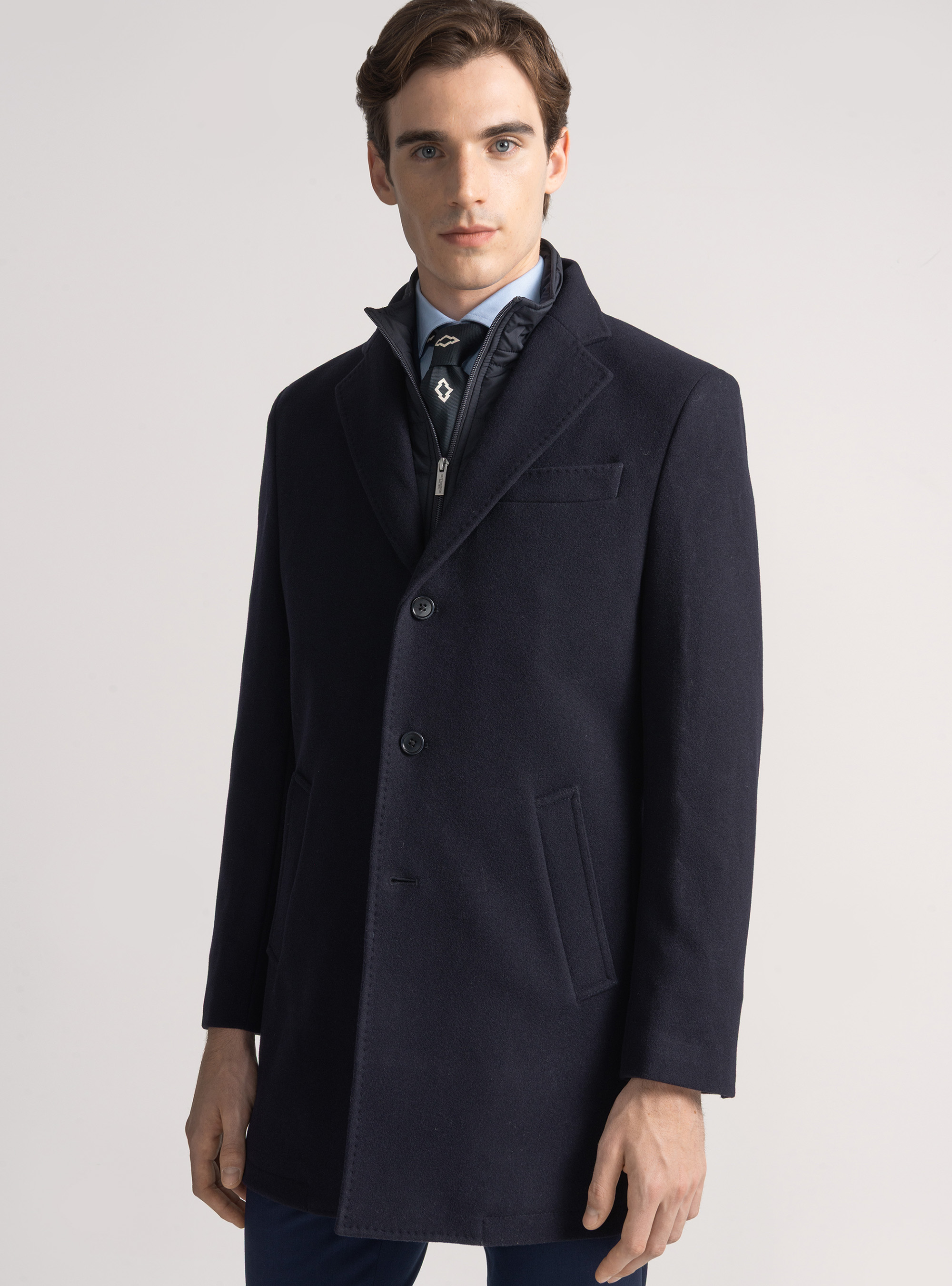 Wool-blend coat with bib, NAVY BLUE