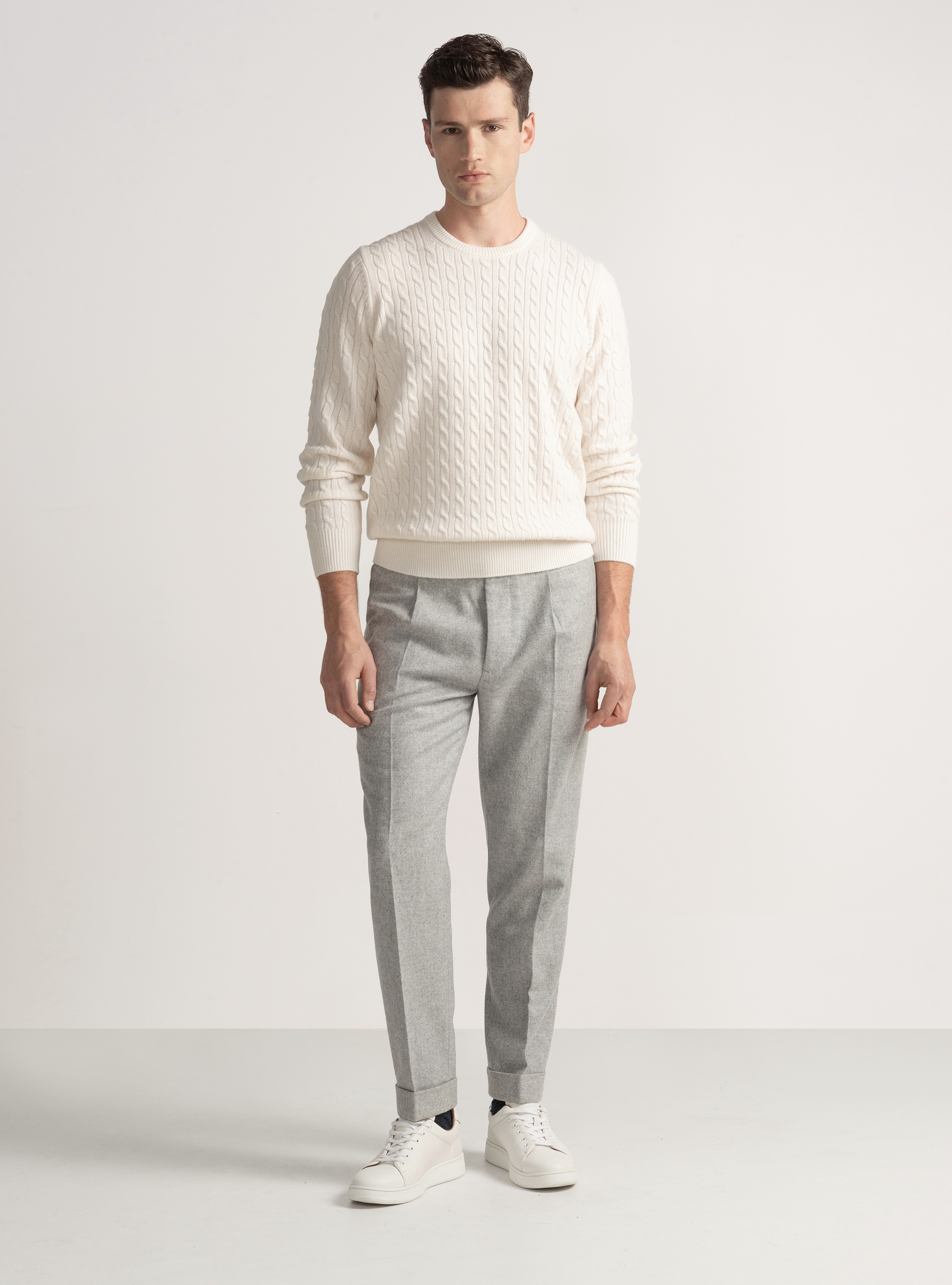 Crew-neck sweater with wool and cashmere braid, WHITE