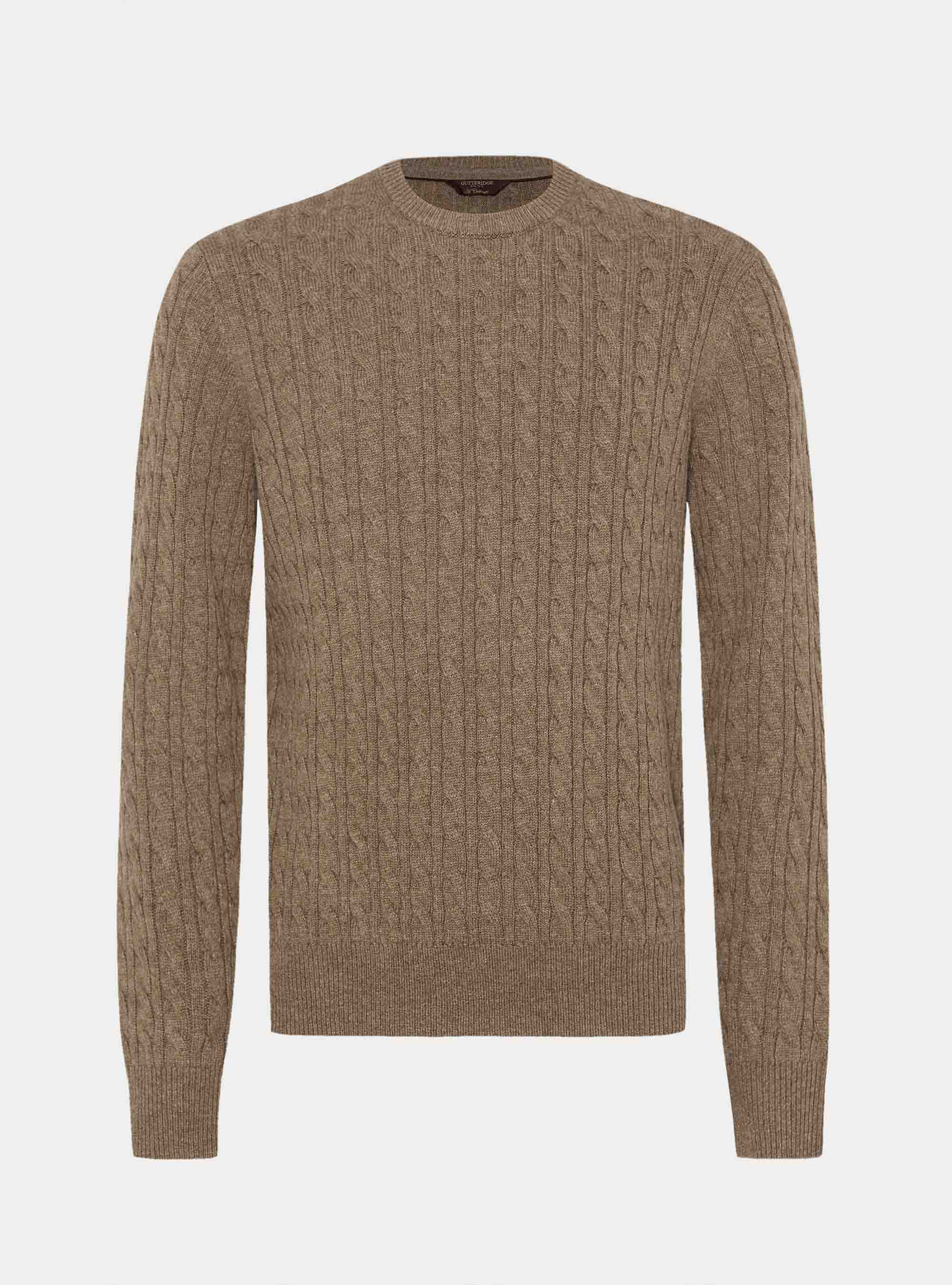 Girocollo in maglia con treccia in lana cashmere, FANGO