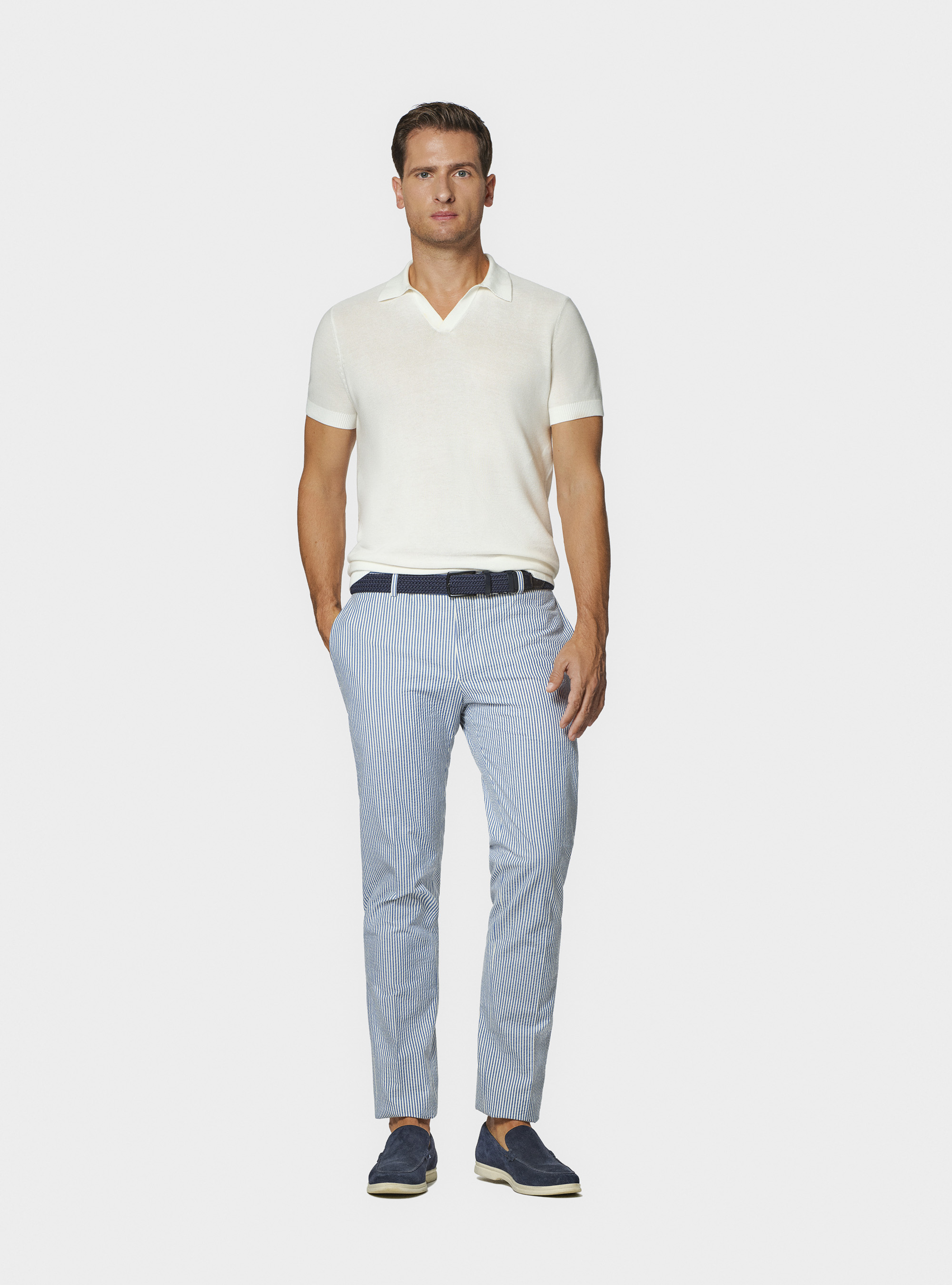 Pantalon seersucker en coton m&eacute;lang&eacute; ray&eacute;, BLEU