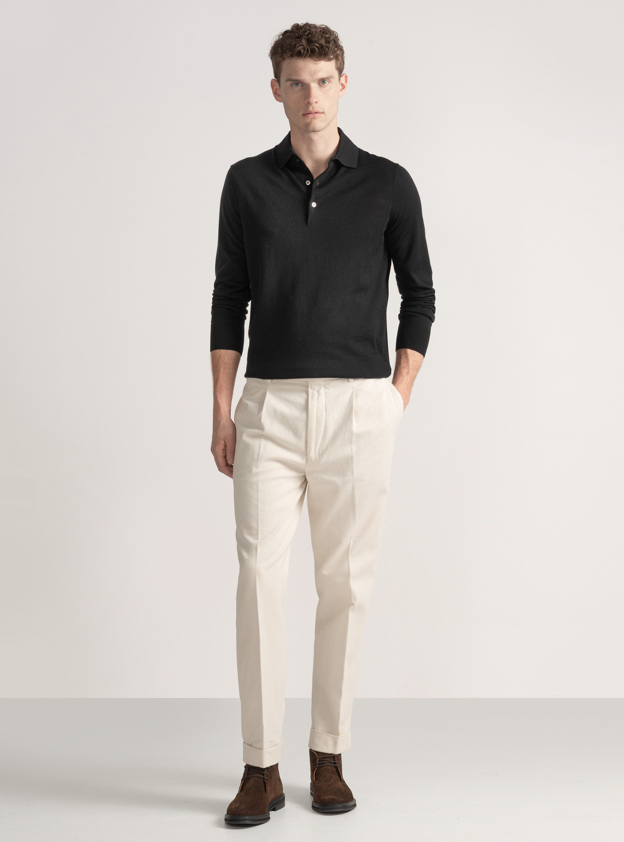 Extra-fine merino wool polo shirt, BLACK