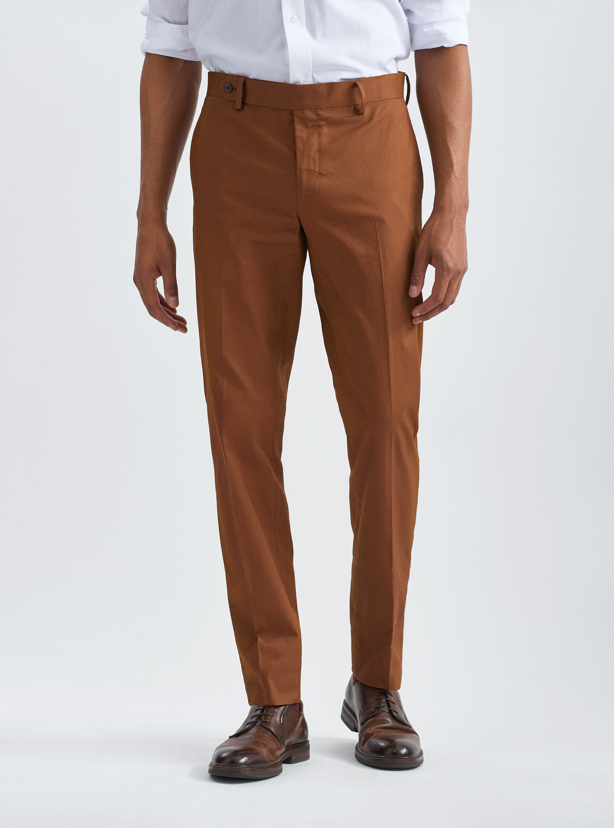 Pantaloni per abito in cotone stretch armaturato, TABACCO