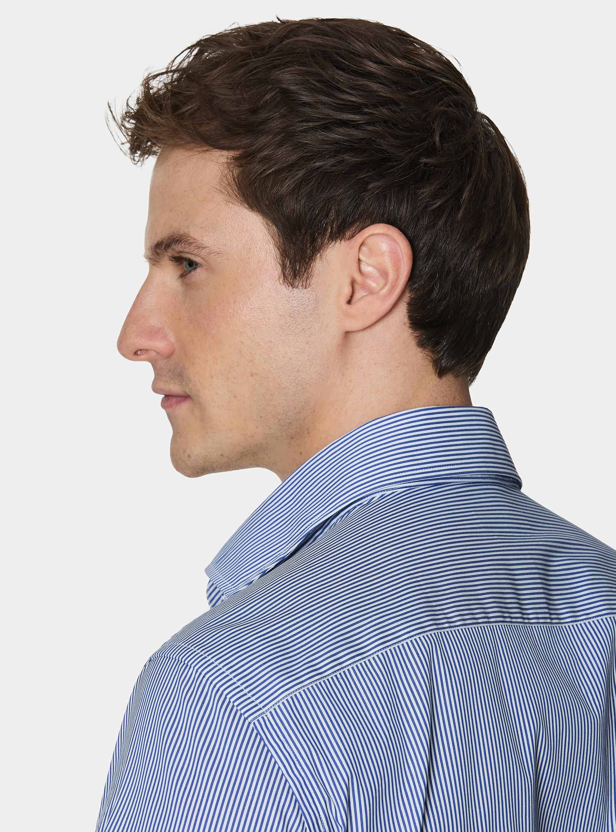 Camicia in cotone rigato popeline stretch, BLU