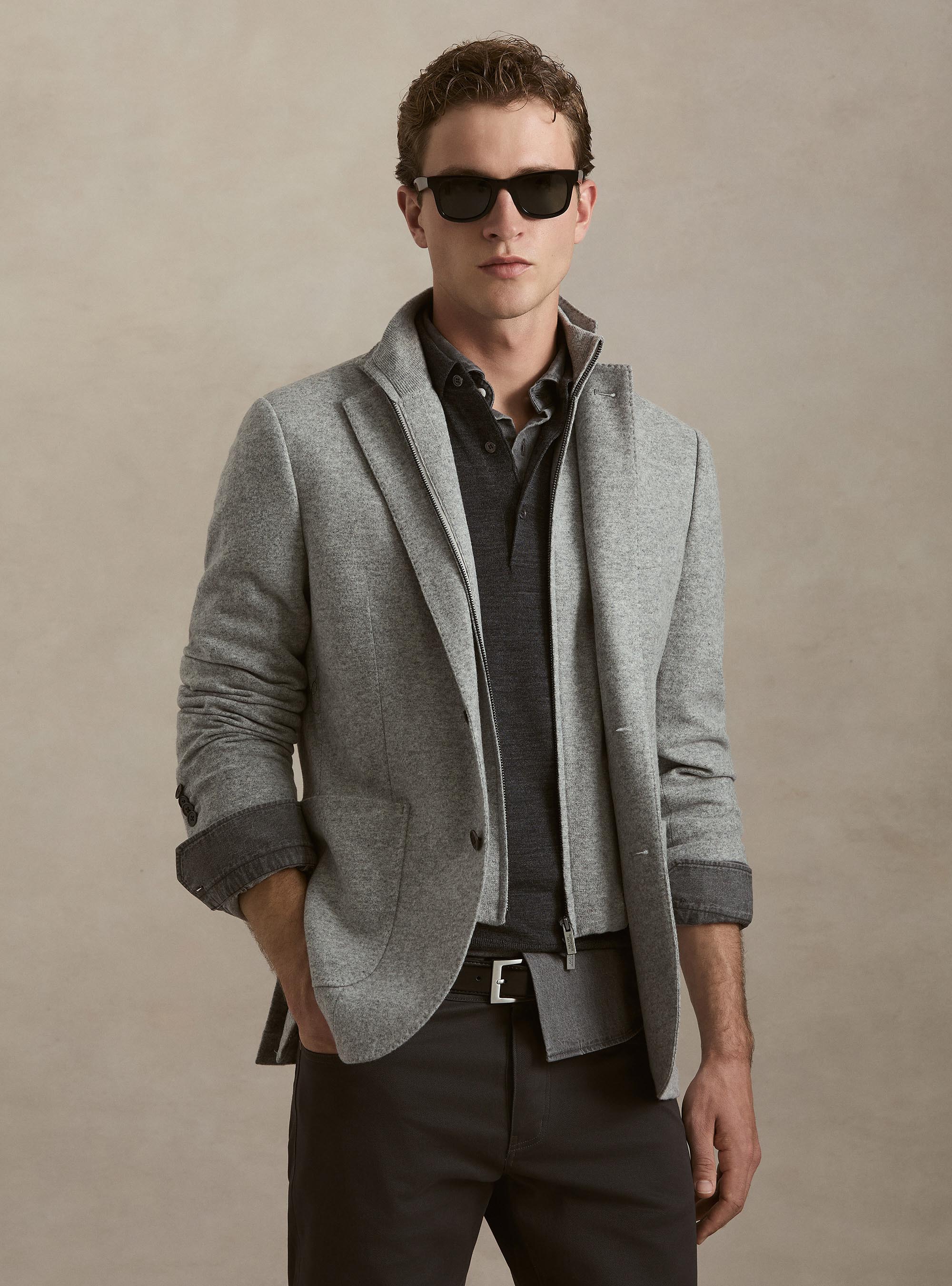 M&eacute;lange Wool-Blend Jersey Jacket with Internal Bib, LIGHT GREY MELANGE