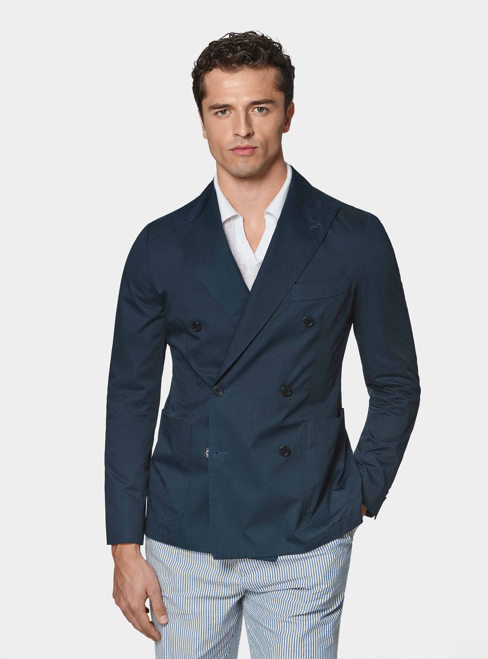 Giacca doppiopetto in cotone popeline, BLU NAVY