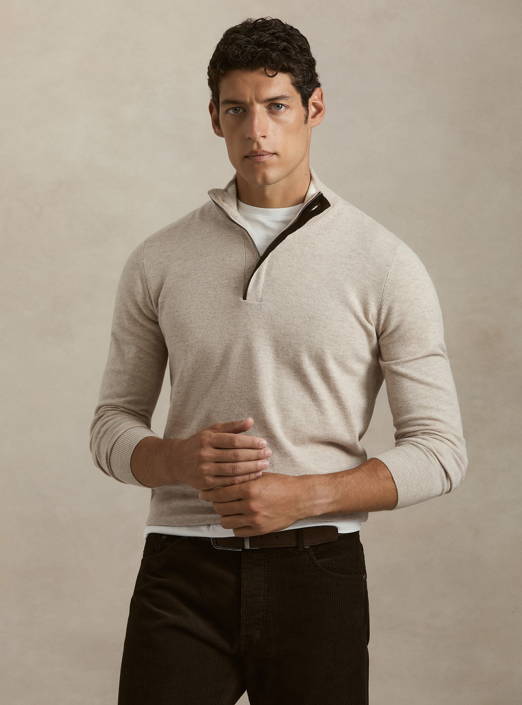 Maglia mezza zip con toppe in misto lana, ECRU